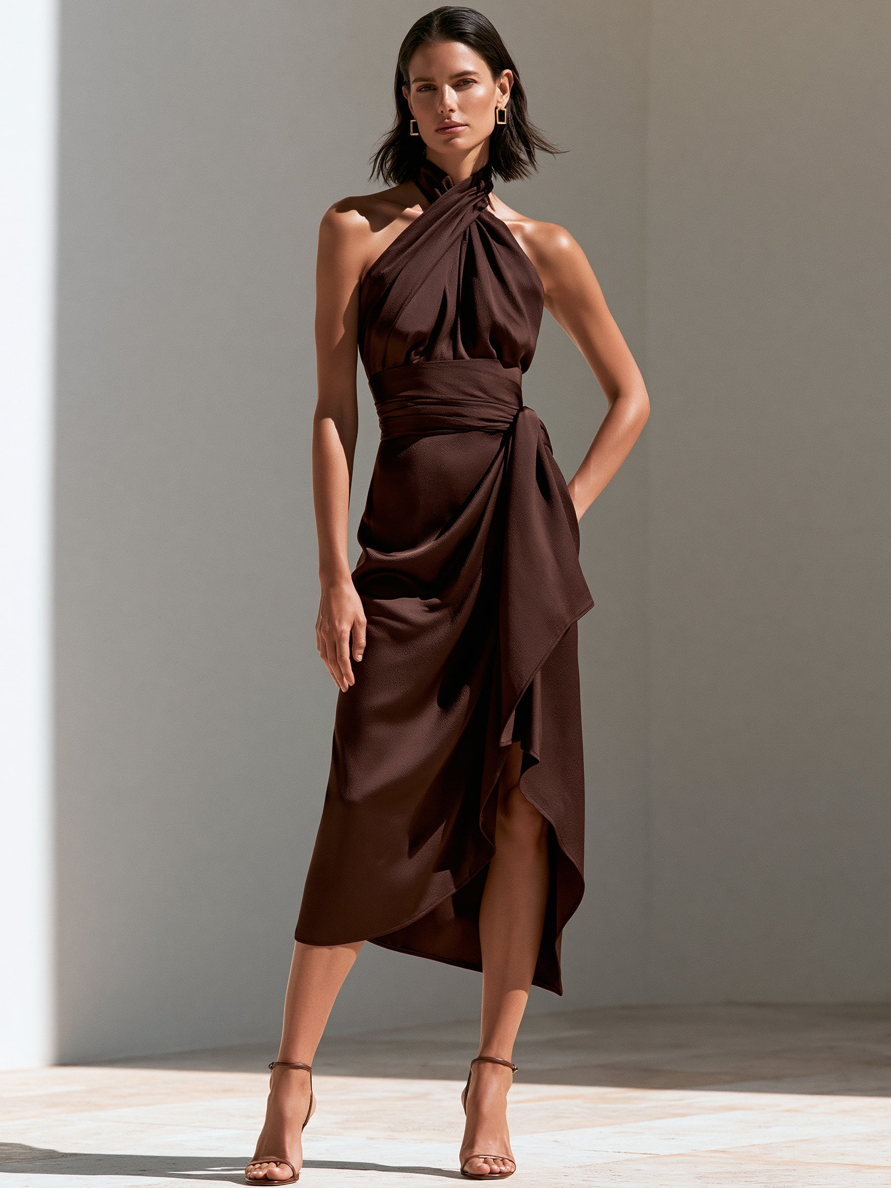 Liserie Mocha Satin Halter Draped Dress