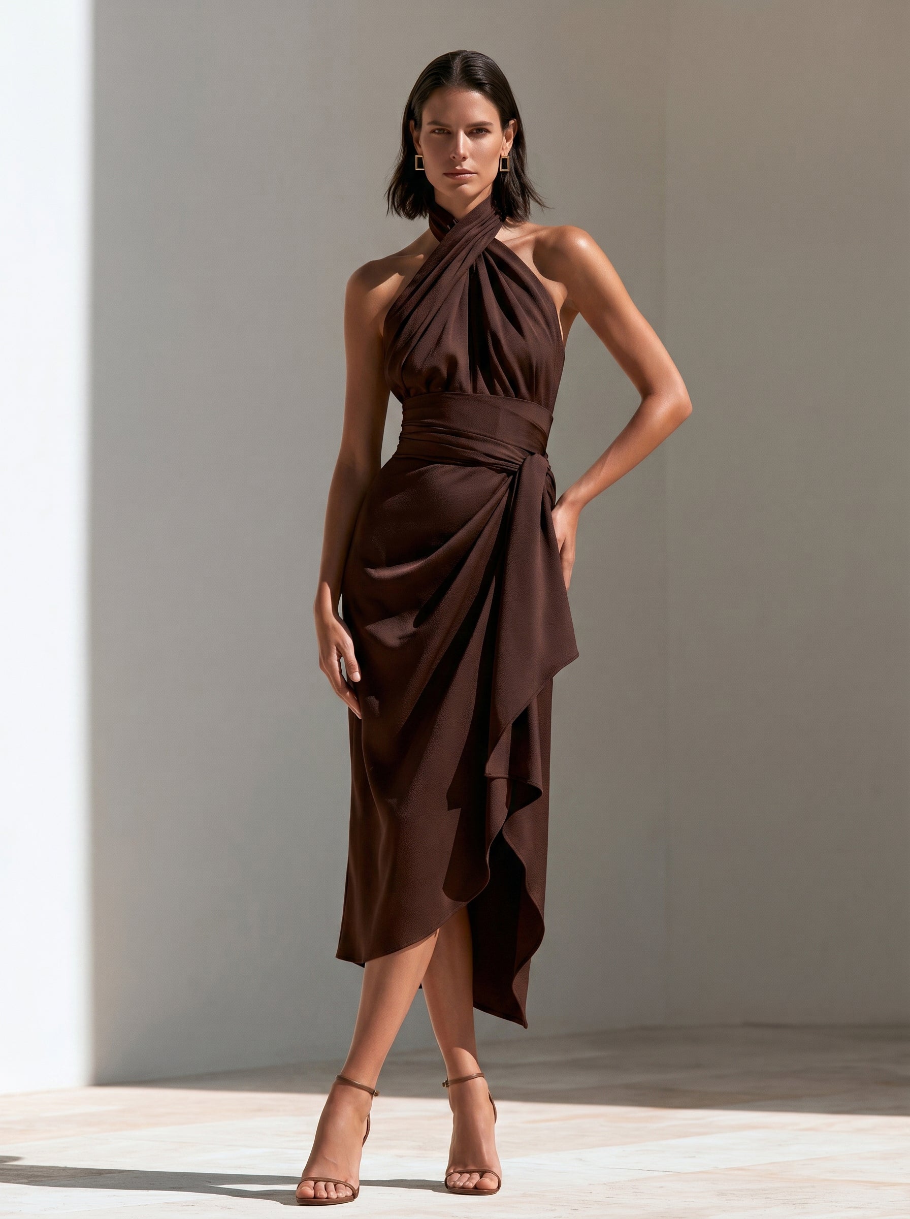 Liserie Mocha Satin Halter Draped Dress