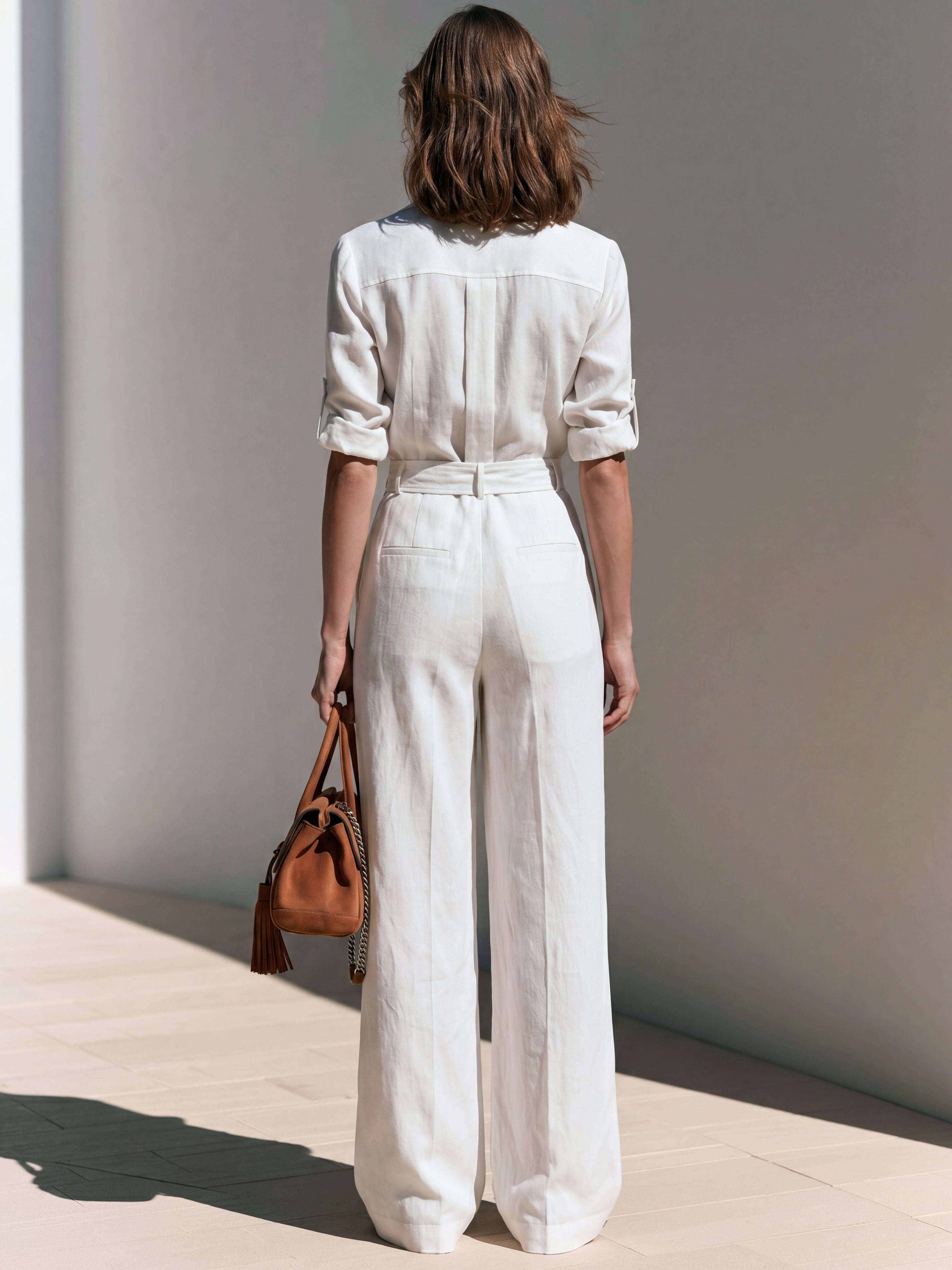 Liserie White Linen Belted Long Sleeve Jumpsuit