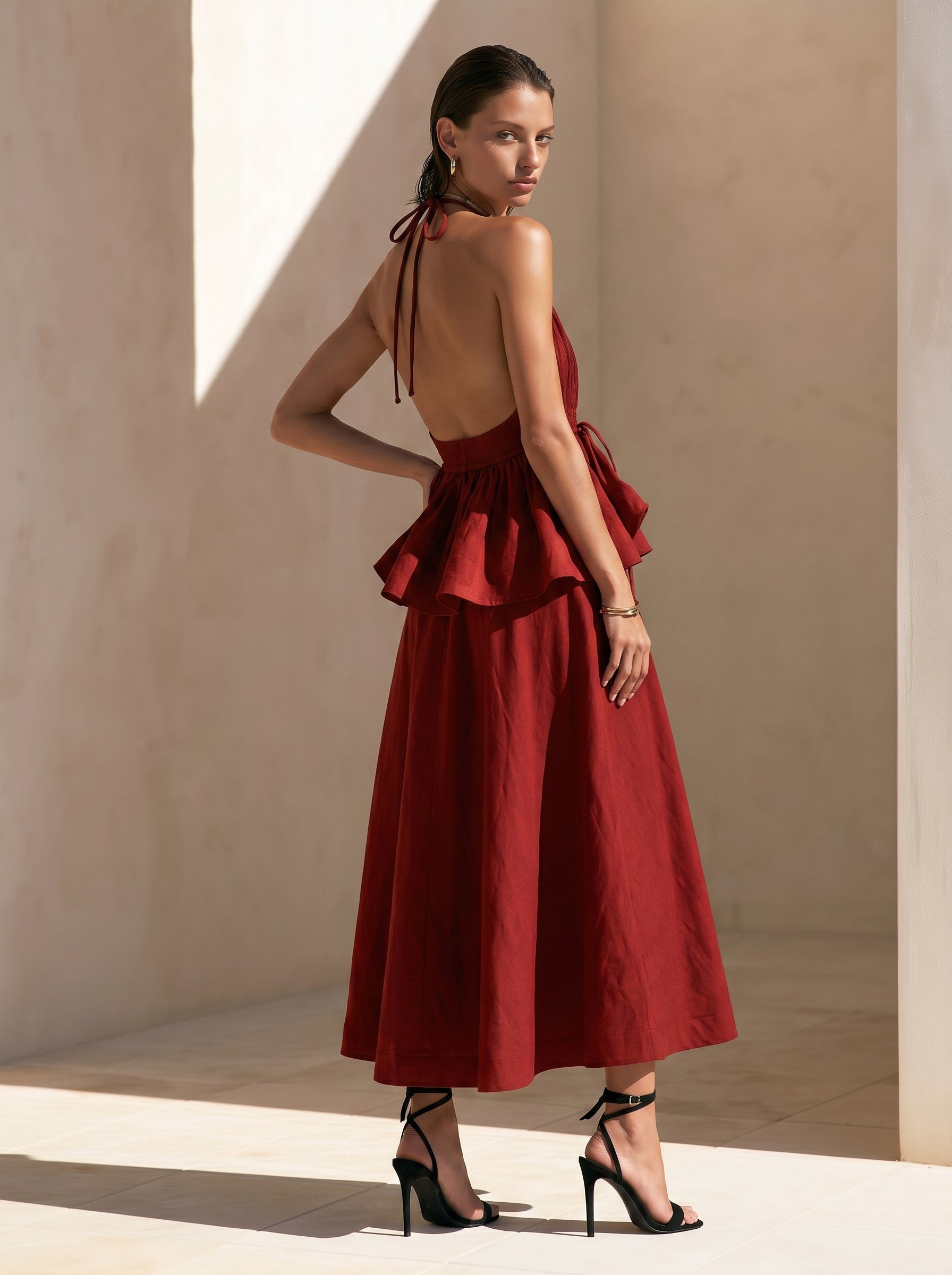 Liserie Sunset Red Backless Halter Maxi Dress set