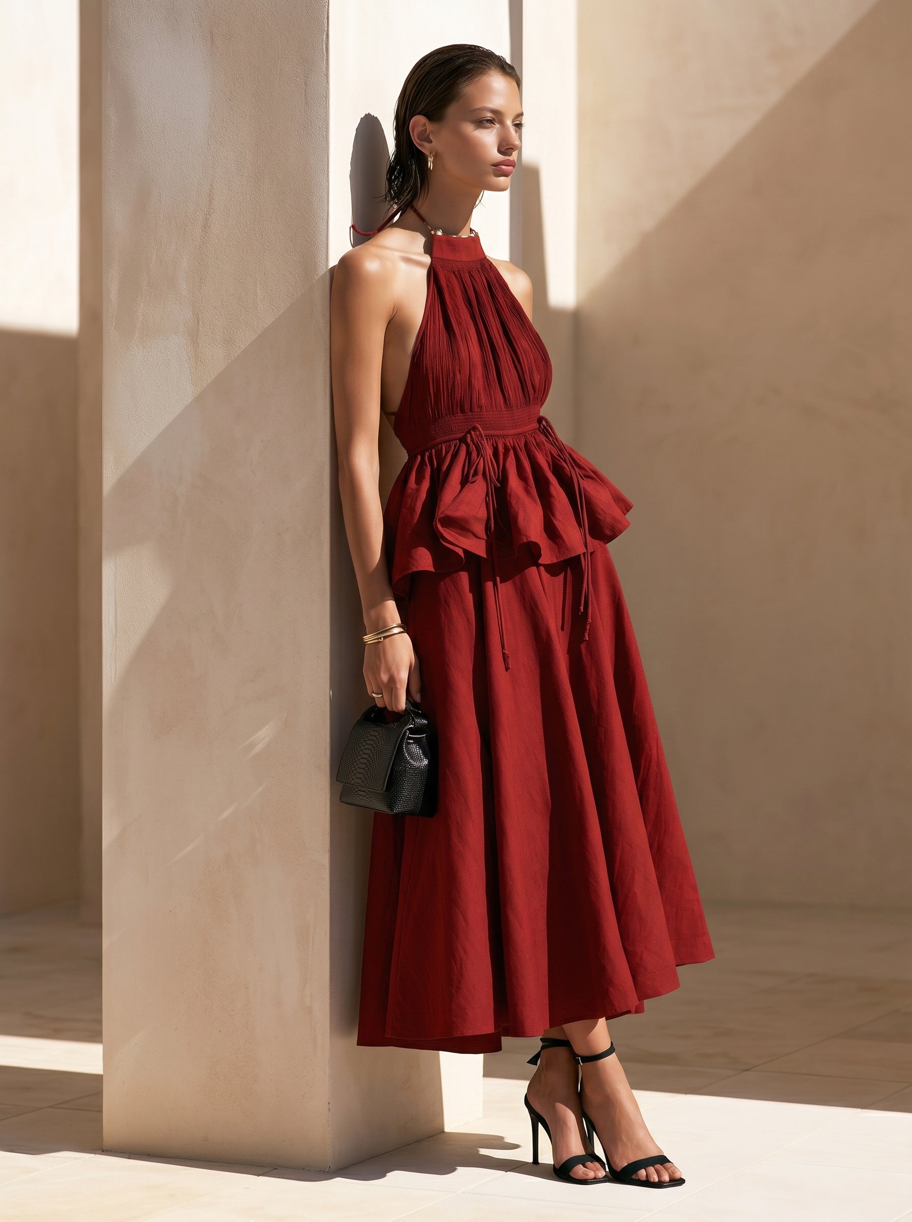 Liserie Sunset Red Backless Halter Maxi Dress set