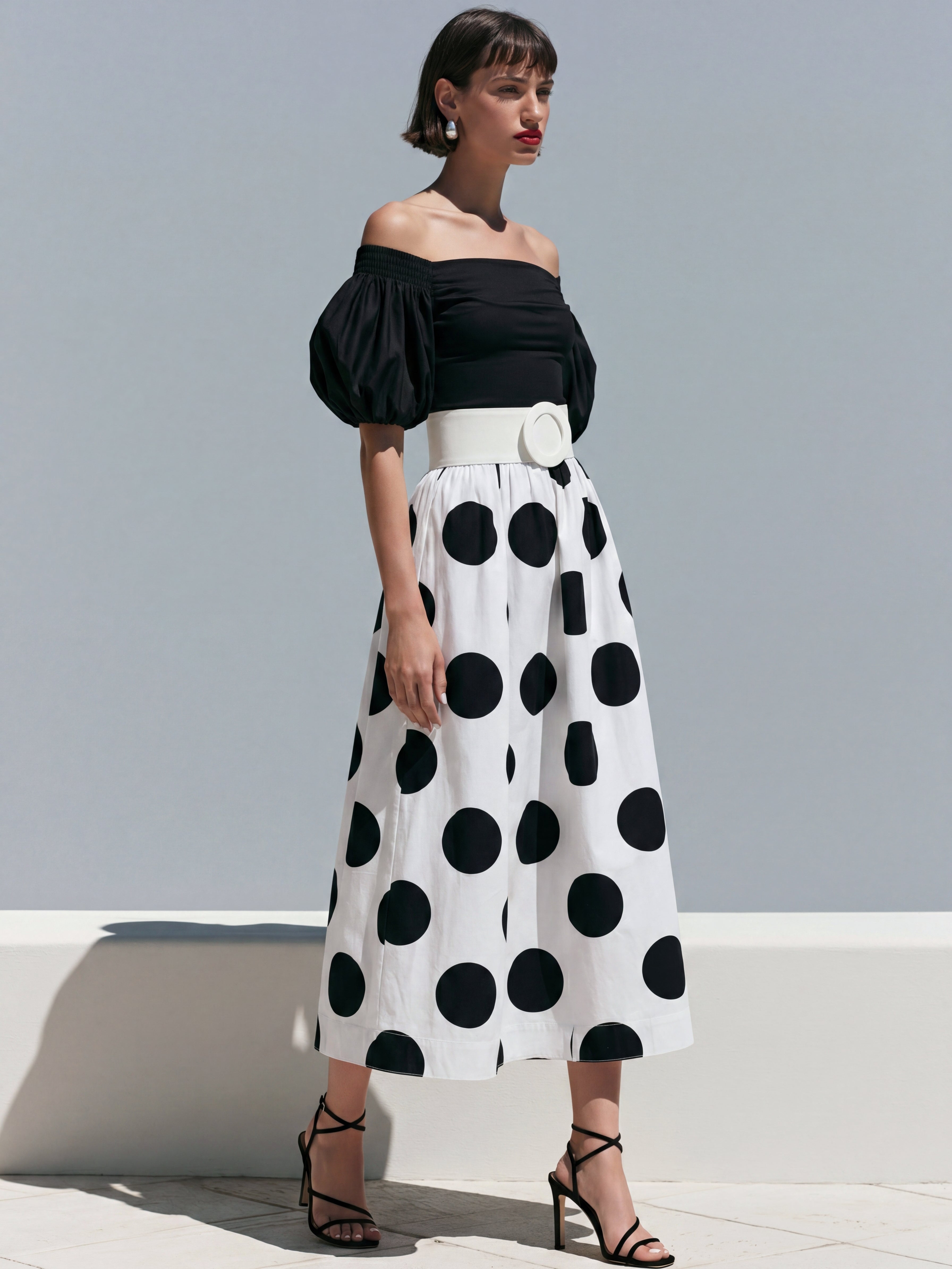 Liserie Off-The-Shoulder Polka Dot Midi Dress With Wide Belt