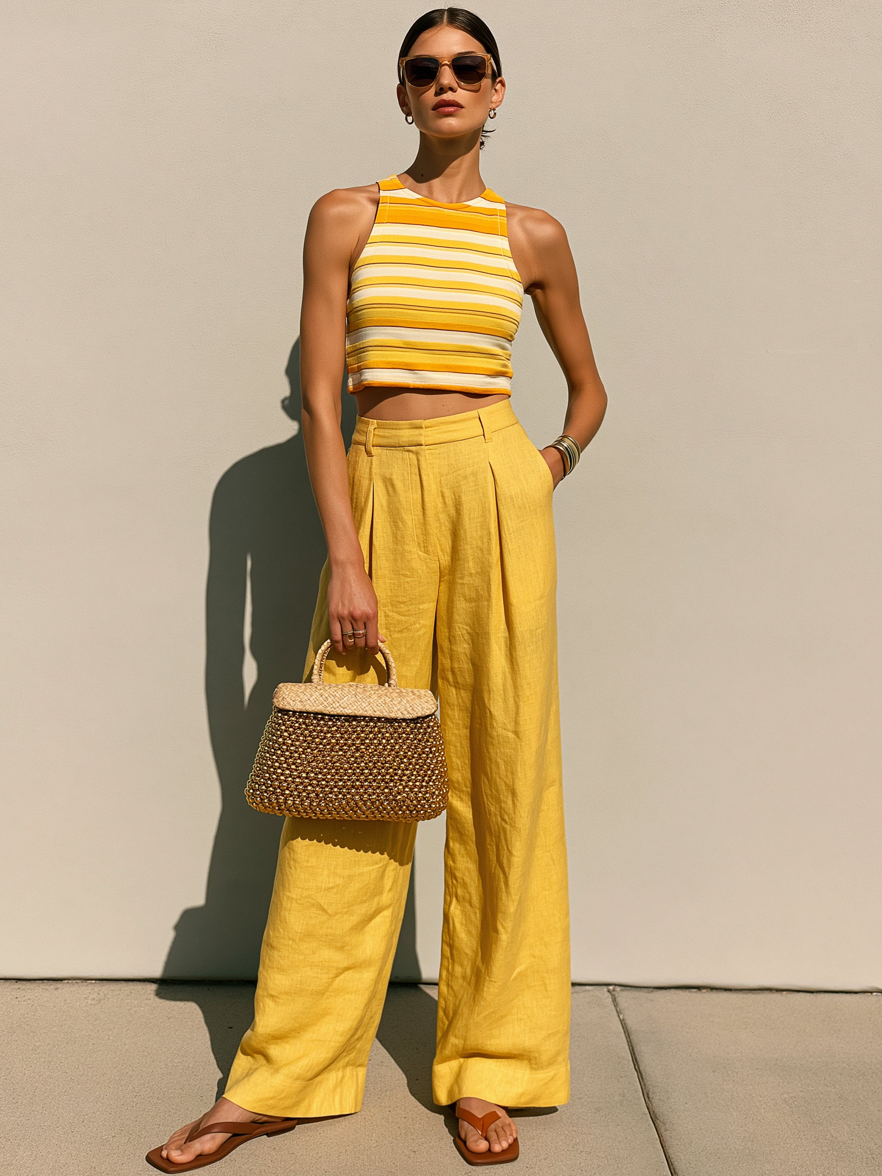 Liserie Yellow Striped Top &Linen Wide-Leg Pants Set