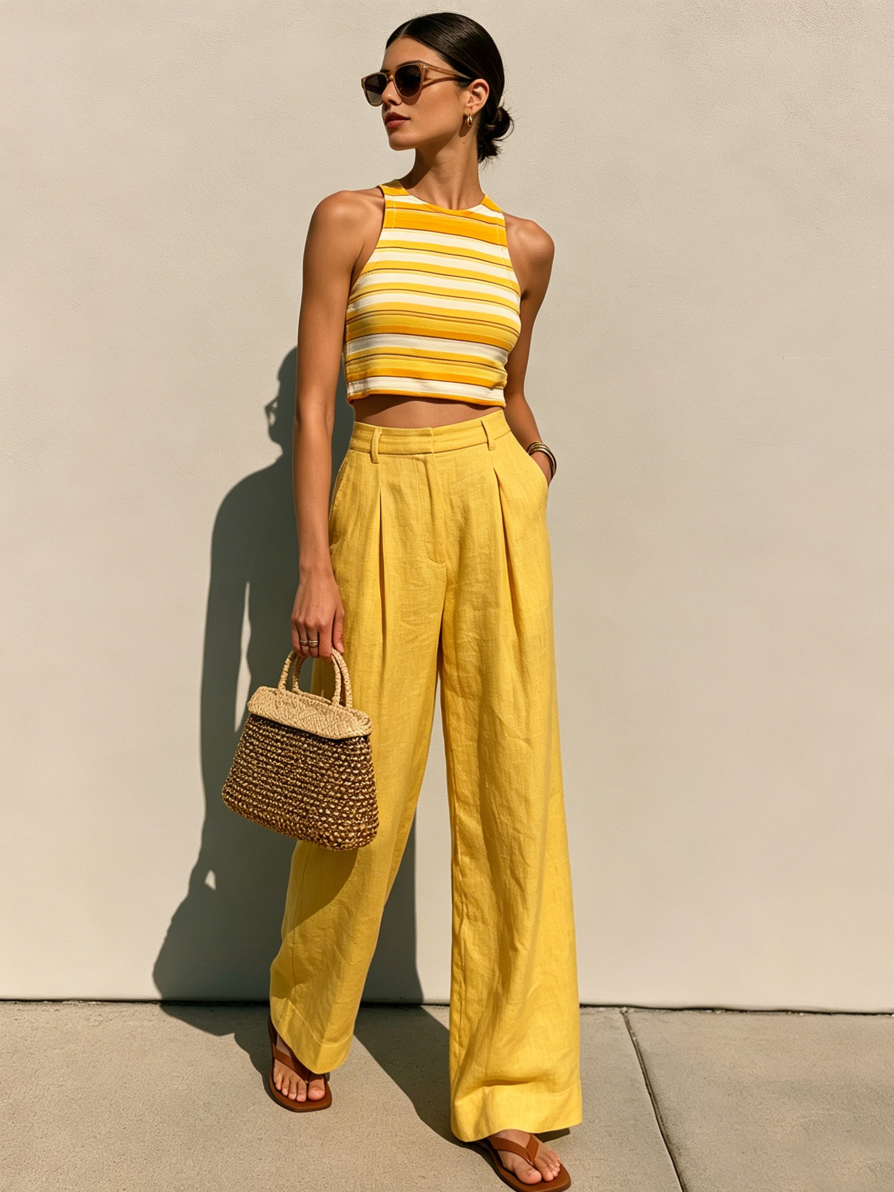 Liserie Yellow Striped Top &Linen Wide-Leg Pants Set