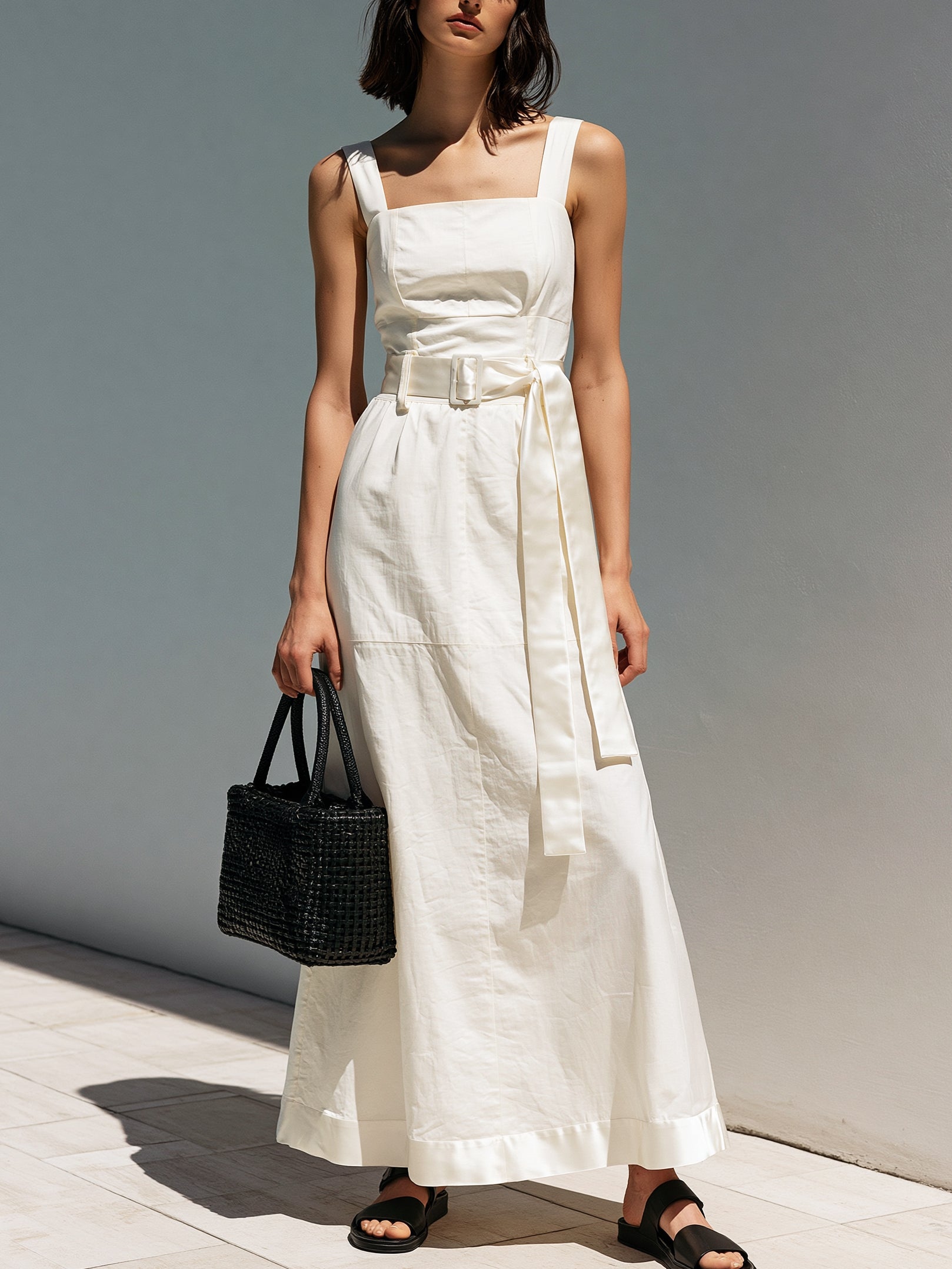 Liserie Linen White Midi Dress With Satin Contrast