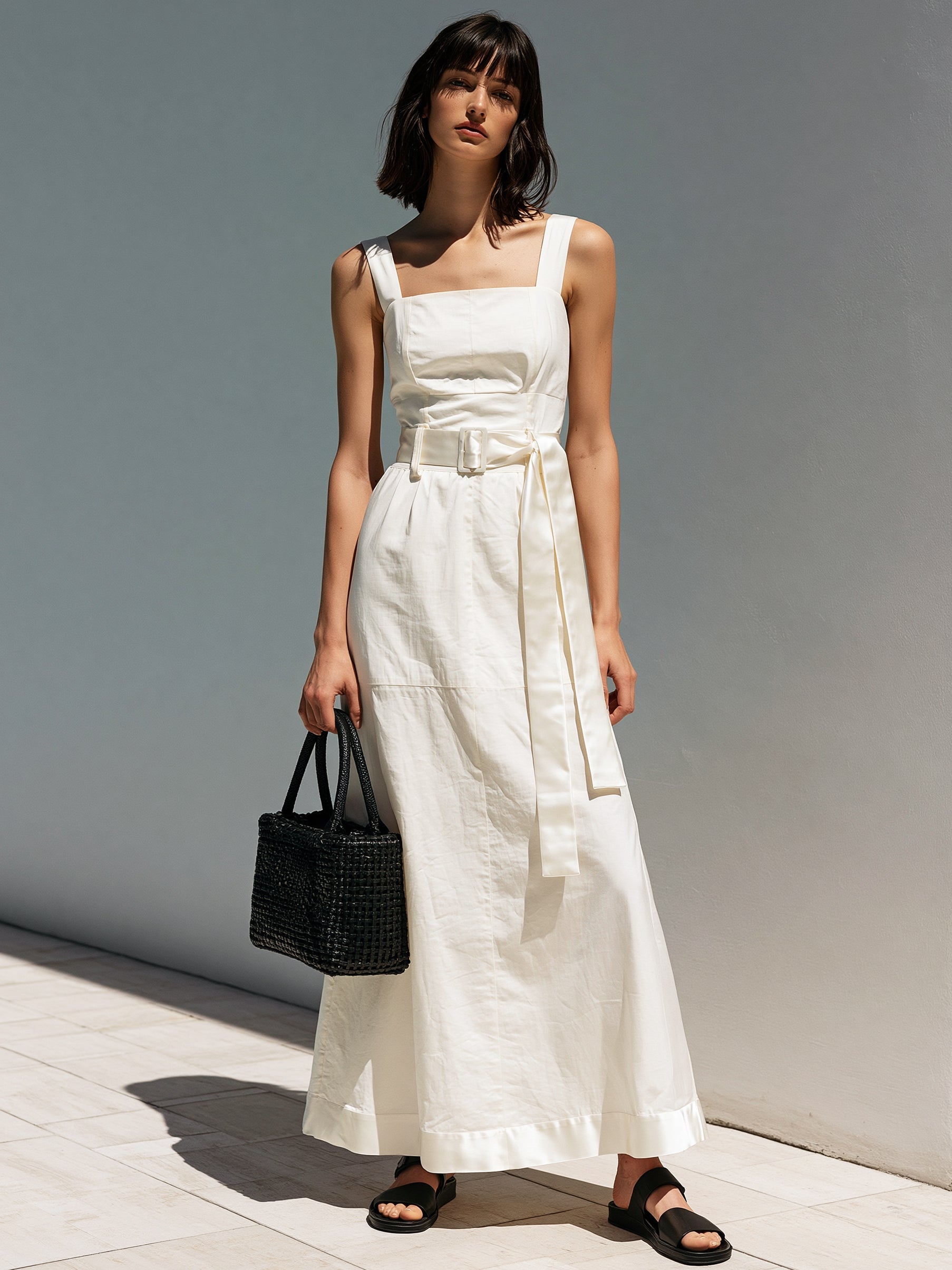 Liserie Linen White Midi Dress With Satin Contrast