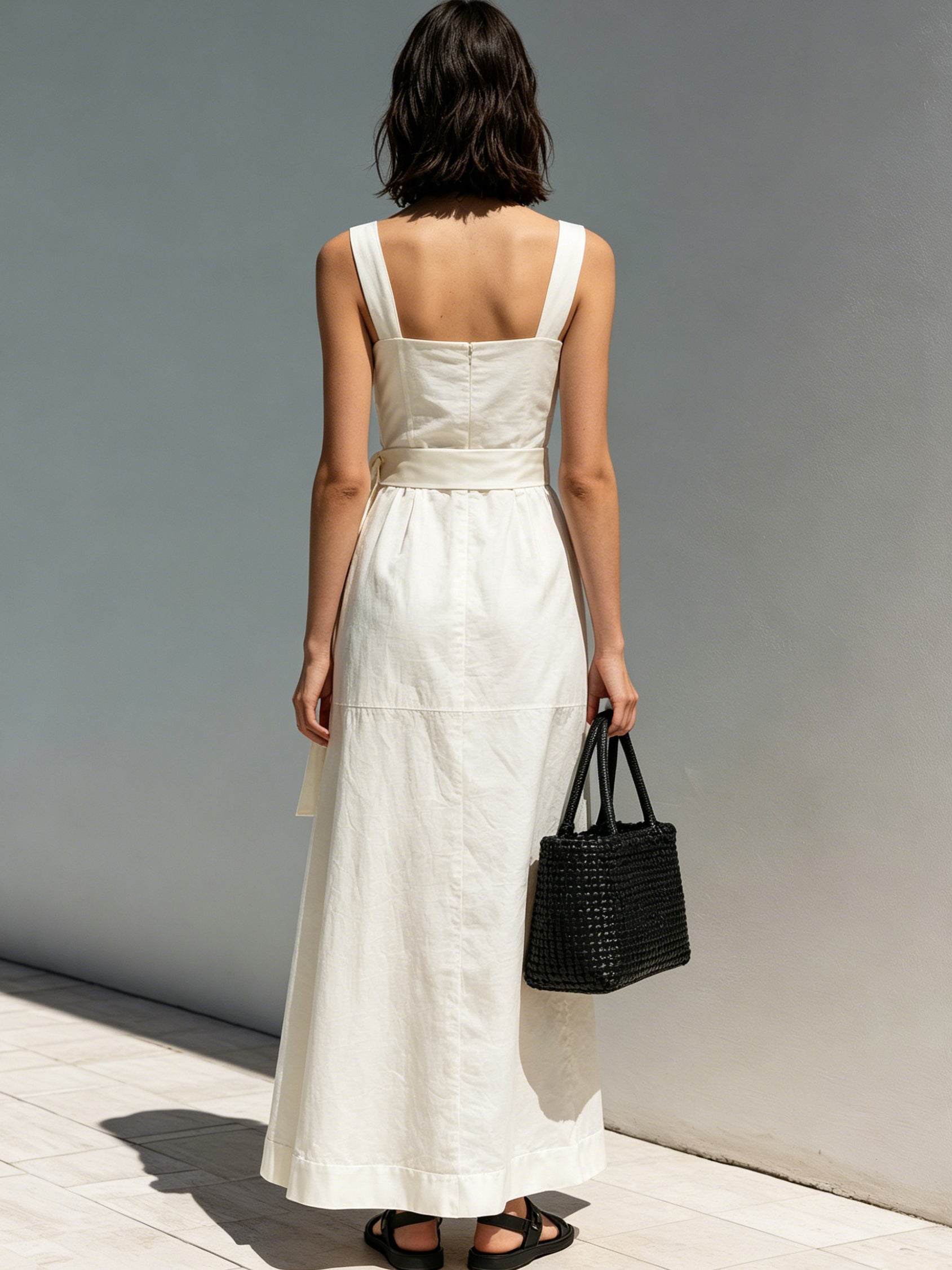 Liserie Linen White Midi Dress With Satin Contrast