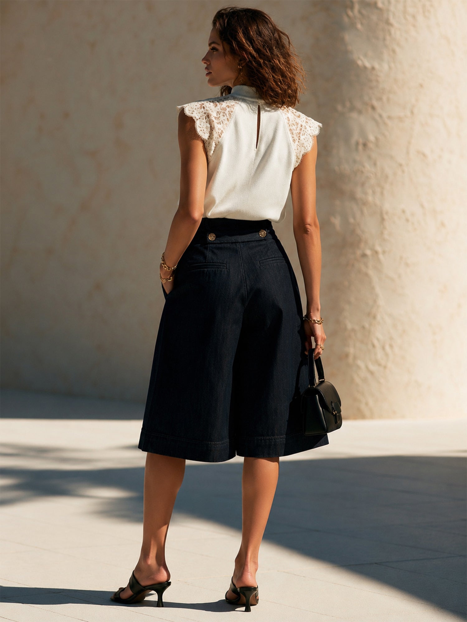 Liserie Lace-Paneled Sleeveless Top &Gold-Button Wide-Leg Cropped