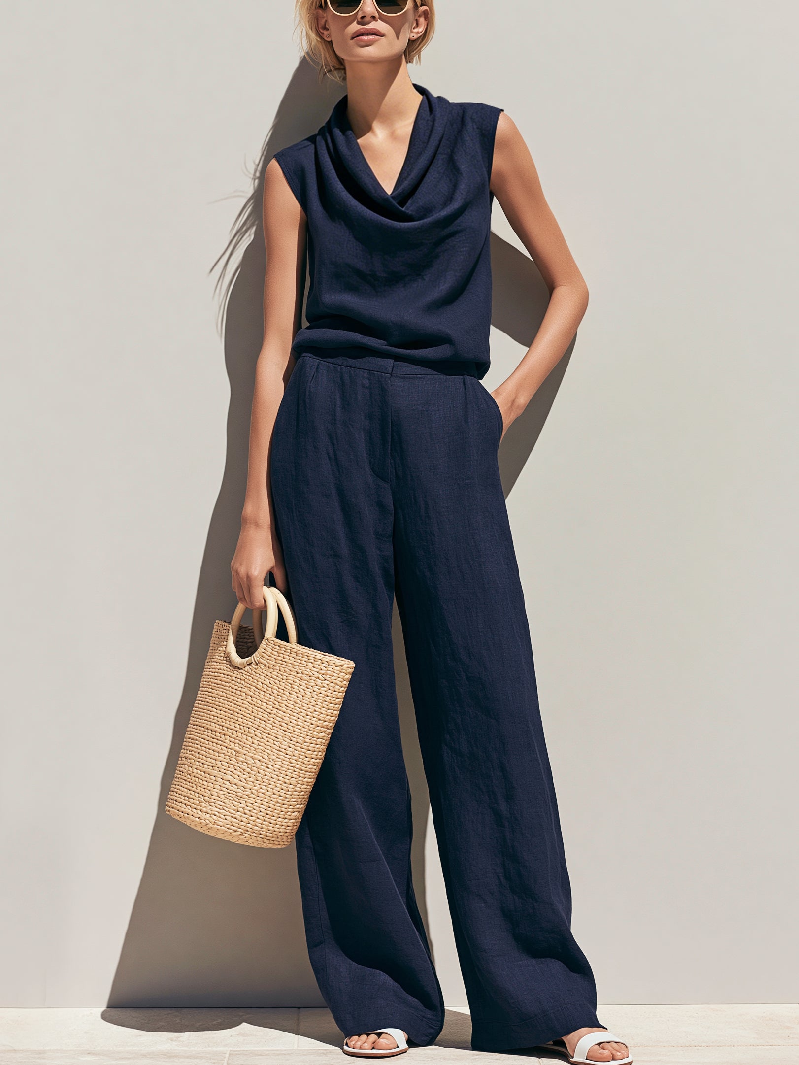Liserie Linen Cowl Neck Top & Wide-Leg Trouser Set