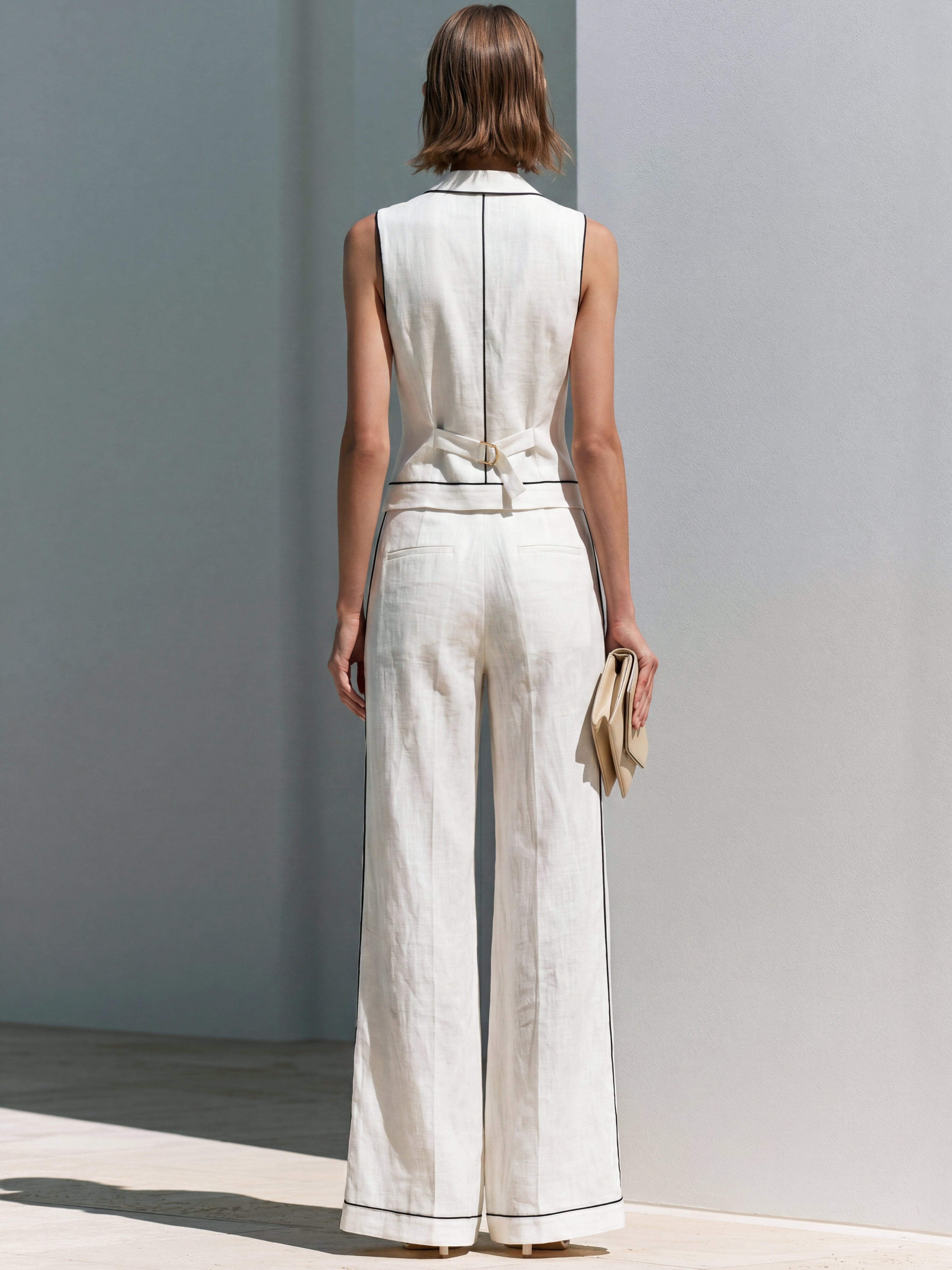 Liserie White Waistcoat & Wide Leg Pants Set