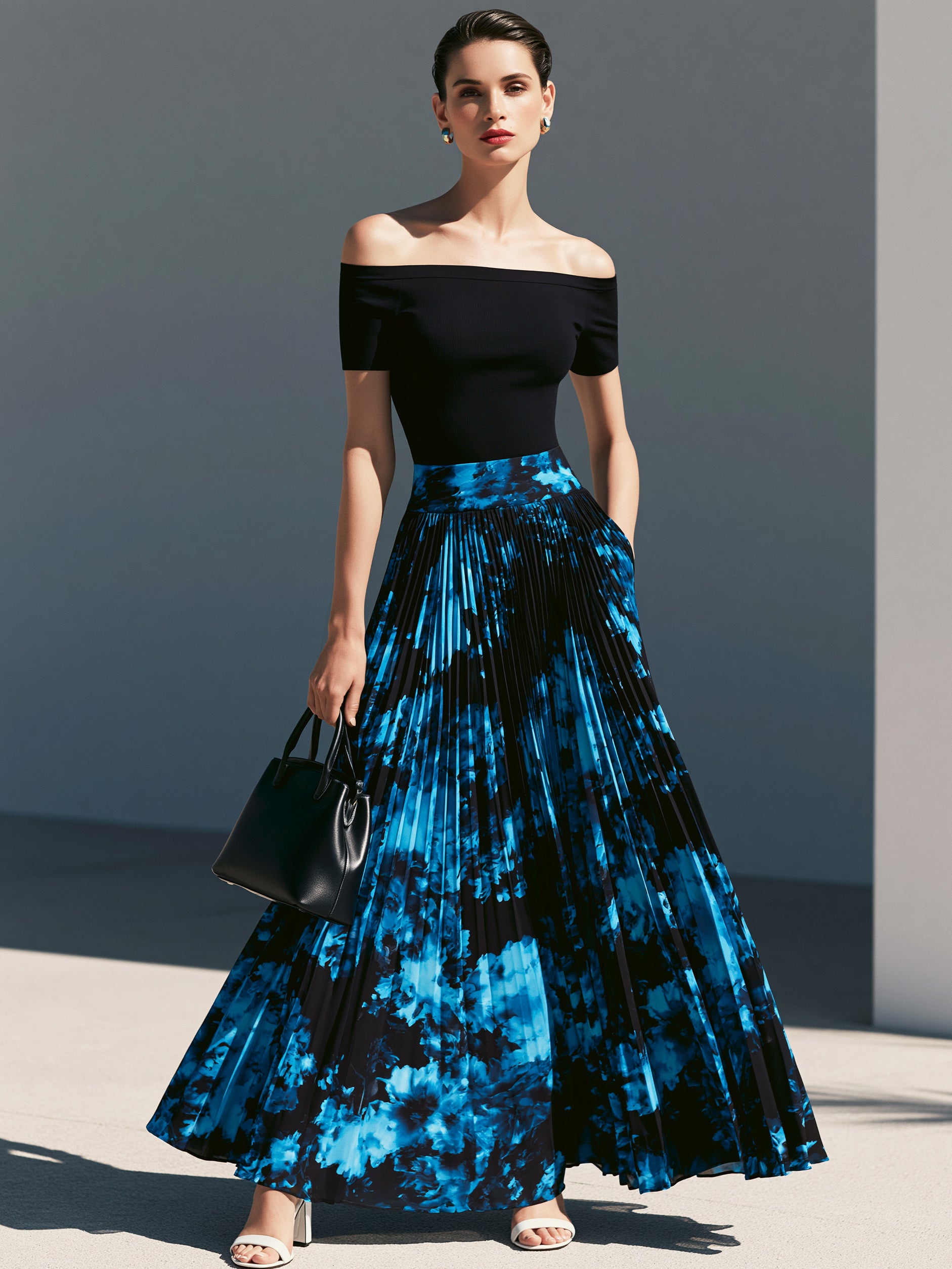 Liserie Knit Top & Blue Floral Print Pleated Maxi Skirt Set