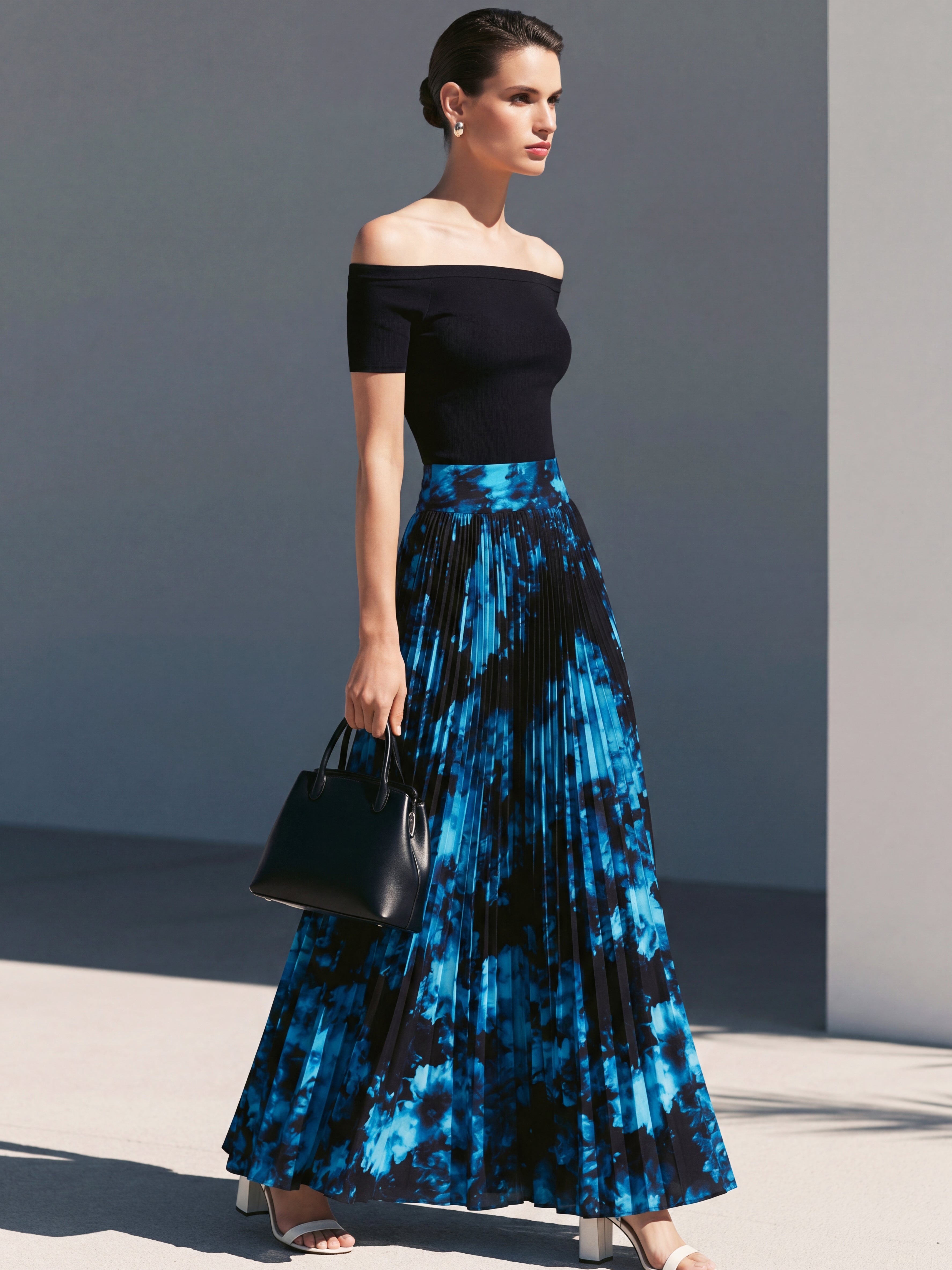 Liserie Knit Top & Blue Floral Print Pleated Maxi Skirt Set