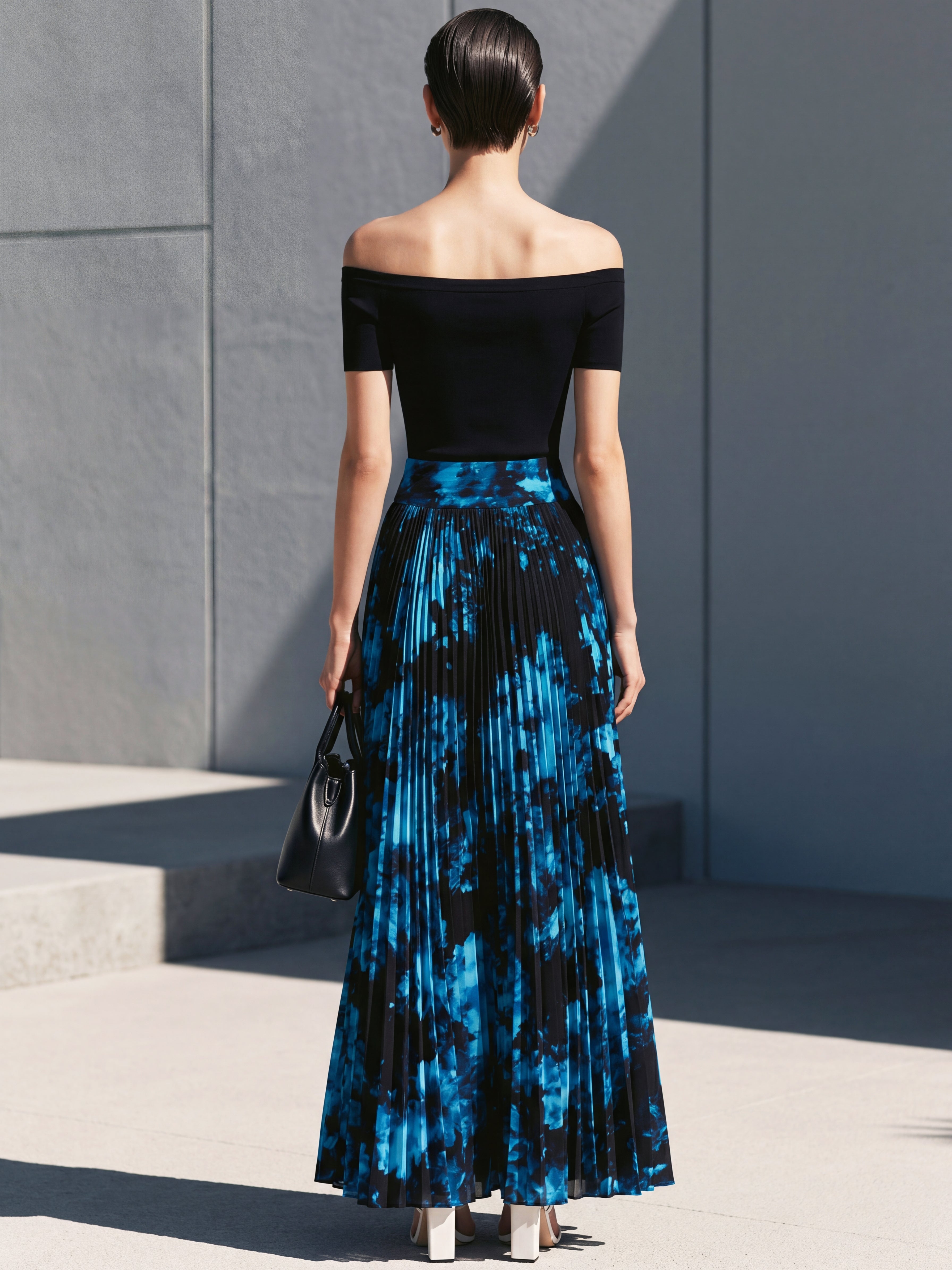 Liserie Knit Top & Blue Floral Print Pleated Maxi Skirt Set