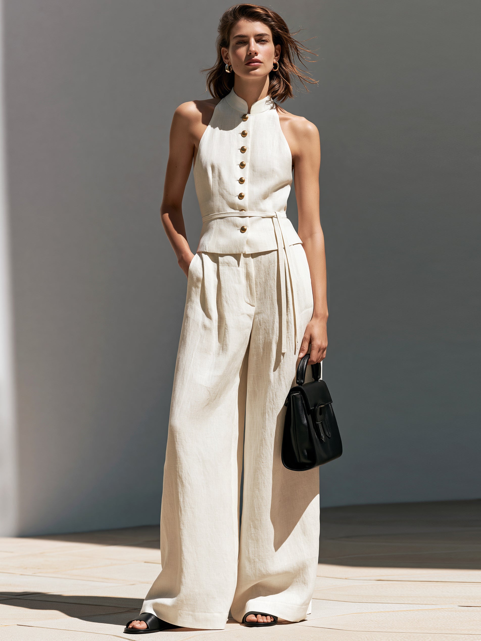 Liserie Linen Halter Top & High Waist Wide Leg Pants Set