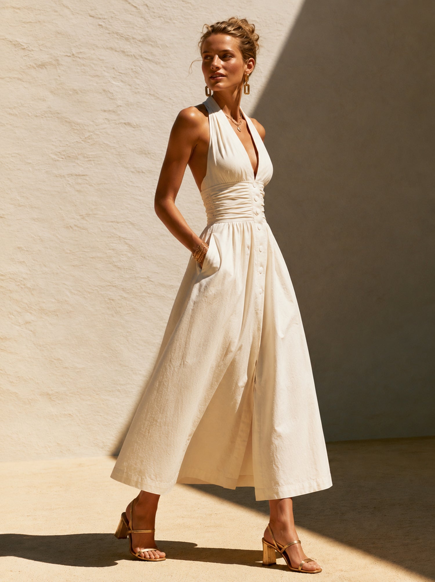 Liserie Halter-Neck A-Line Linen Midi Dress