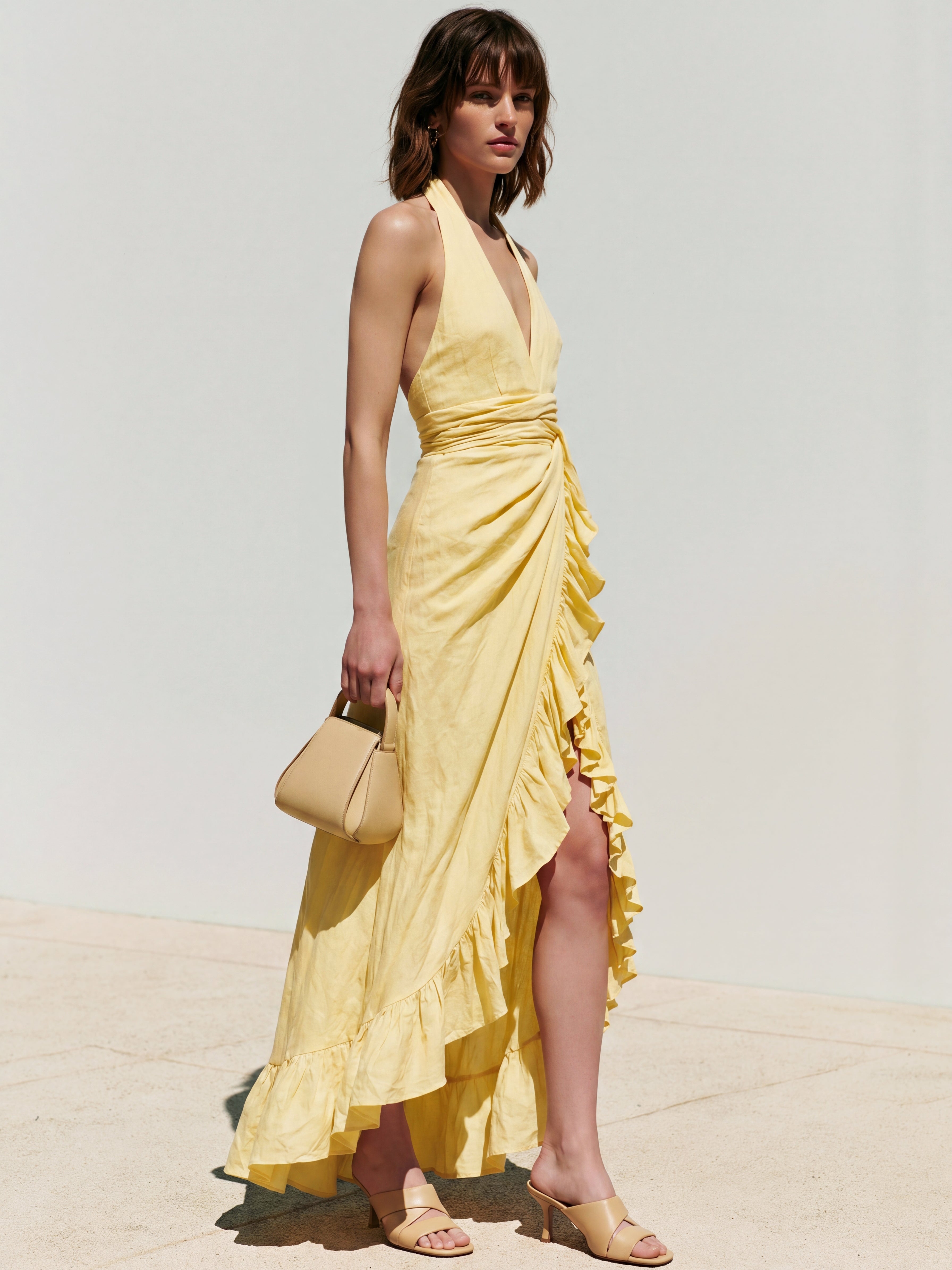 Liserie Linen Butter Yellow Halter Wrap Maxi Dress