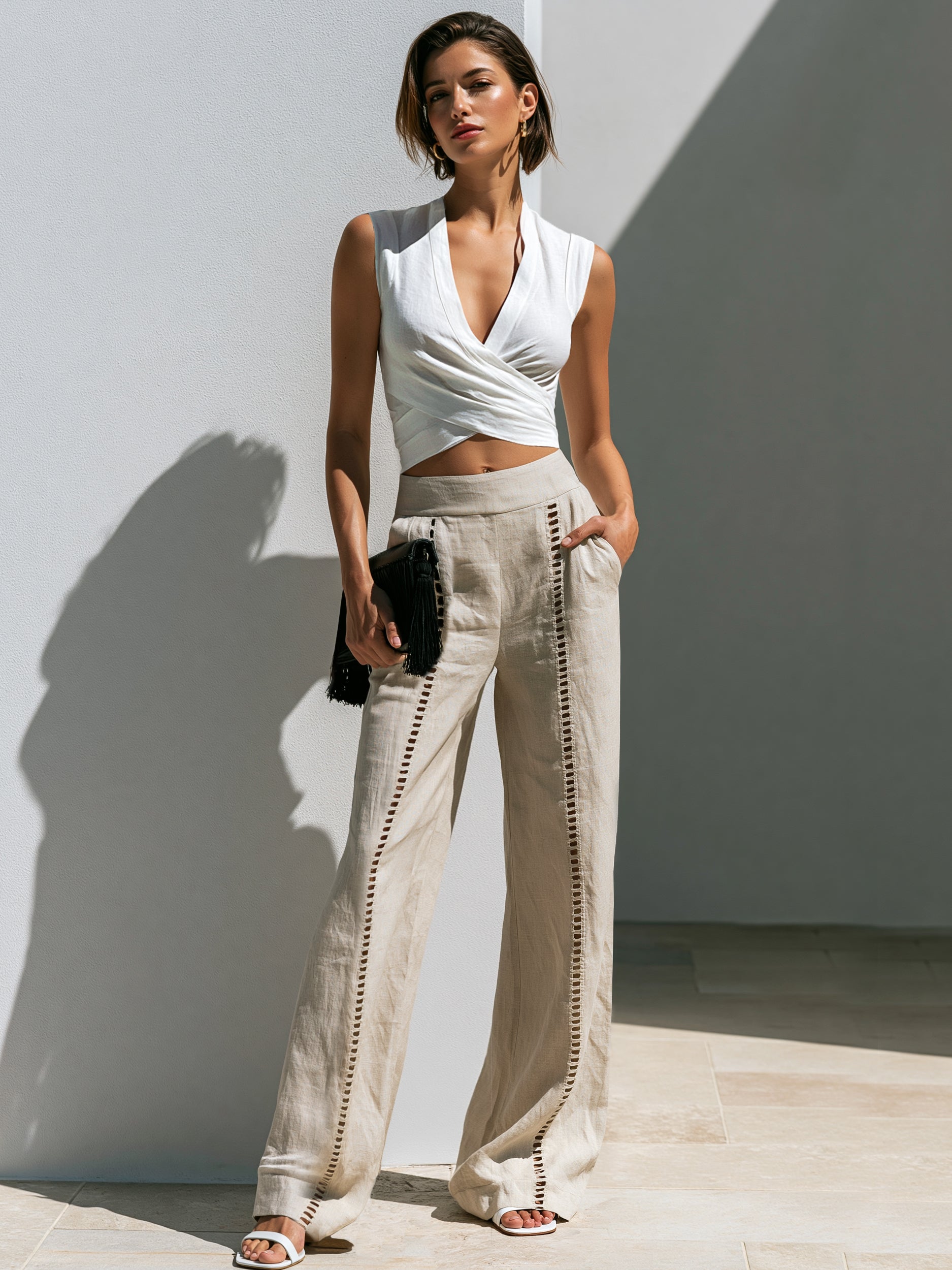 Liserie Linen White Tank & Eyelet Side Wide Leg Pant Set