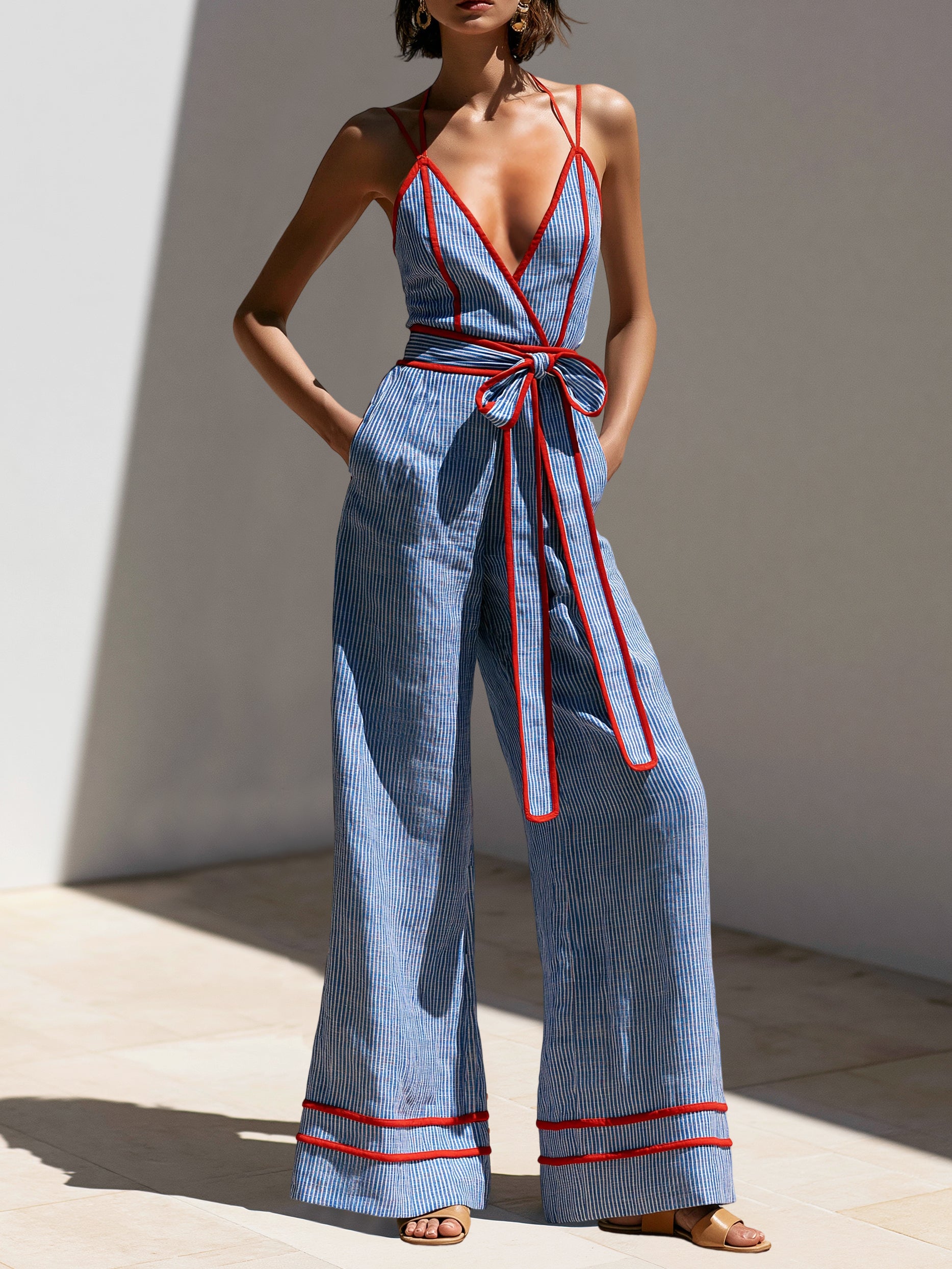 Liserie Linen Pinstripe Red Contrast Jumpsuit