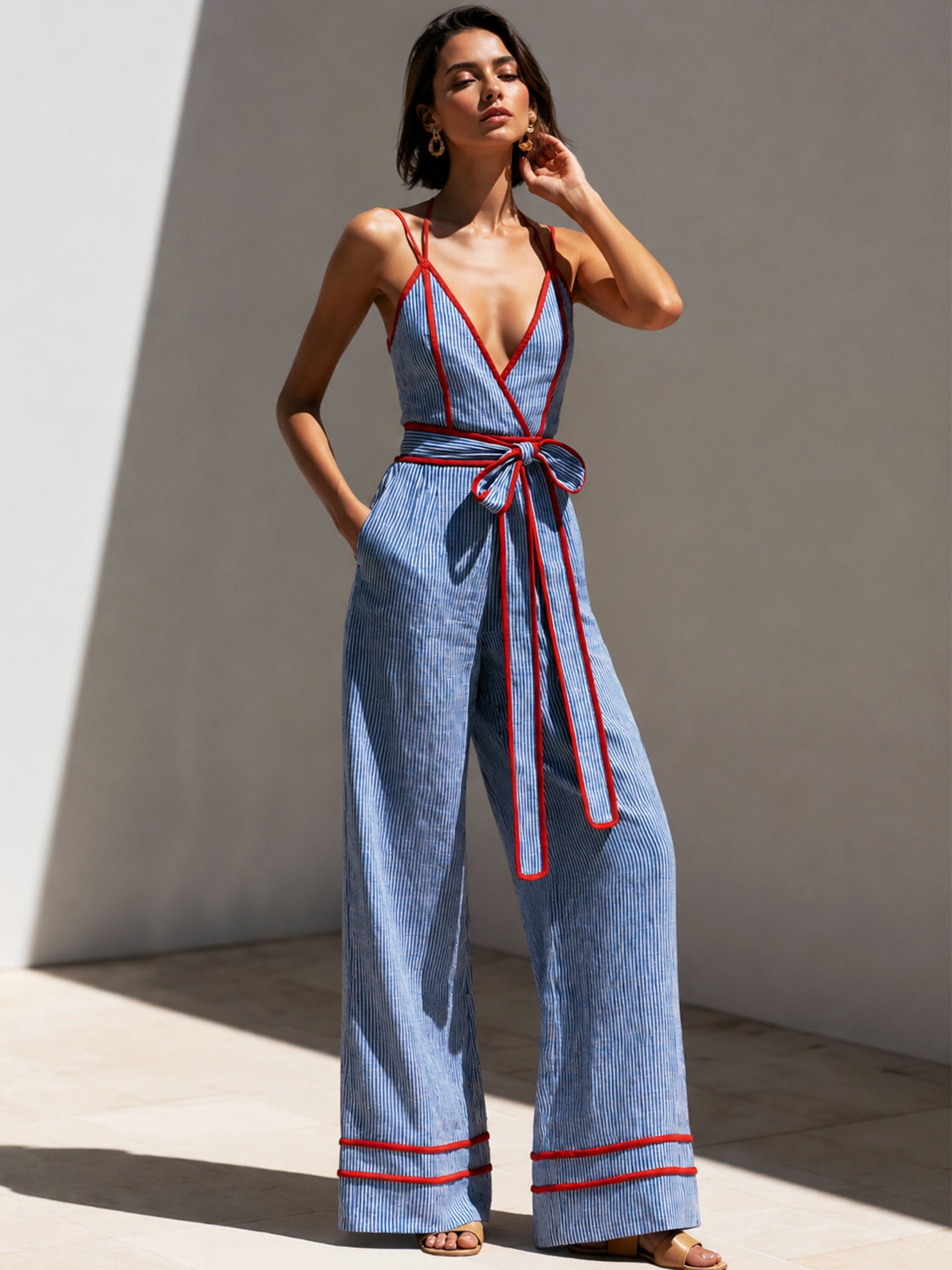 Liserie Linen Pinstripe Red Contrast Jumpsuit