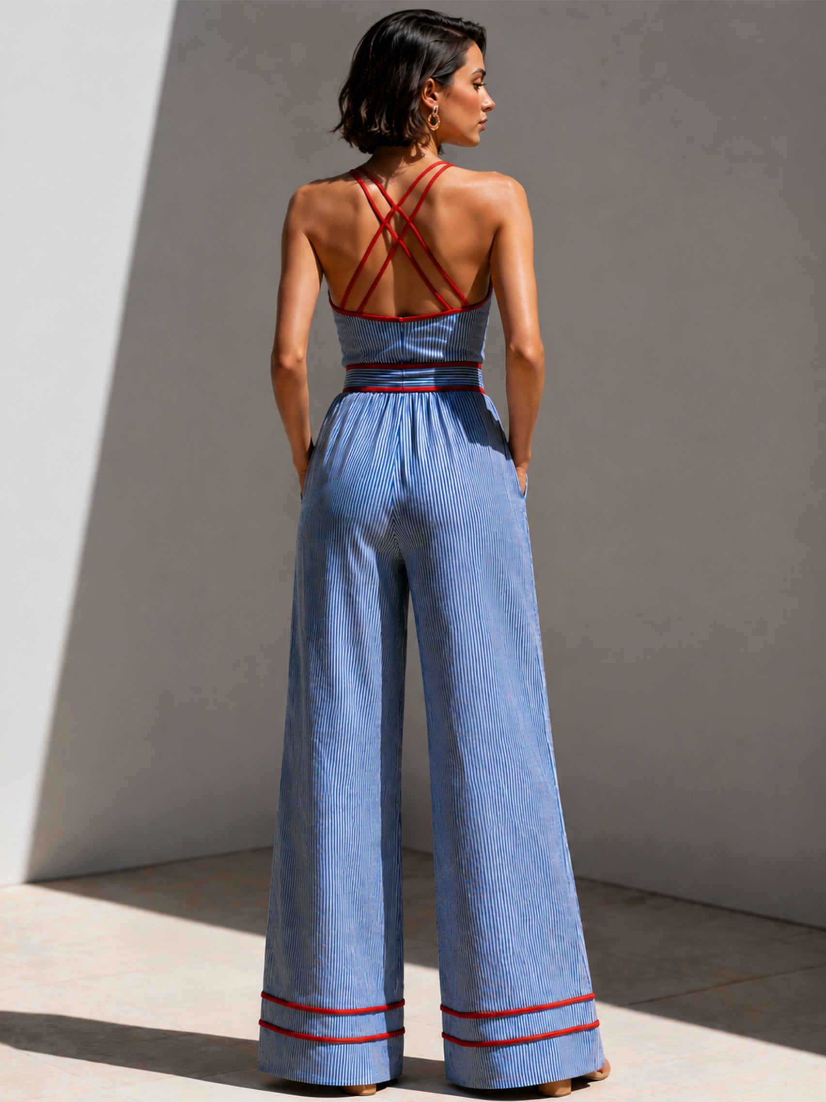 Liserie Linen Pinstripe Red Contrast Jumpsuit