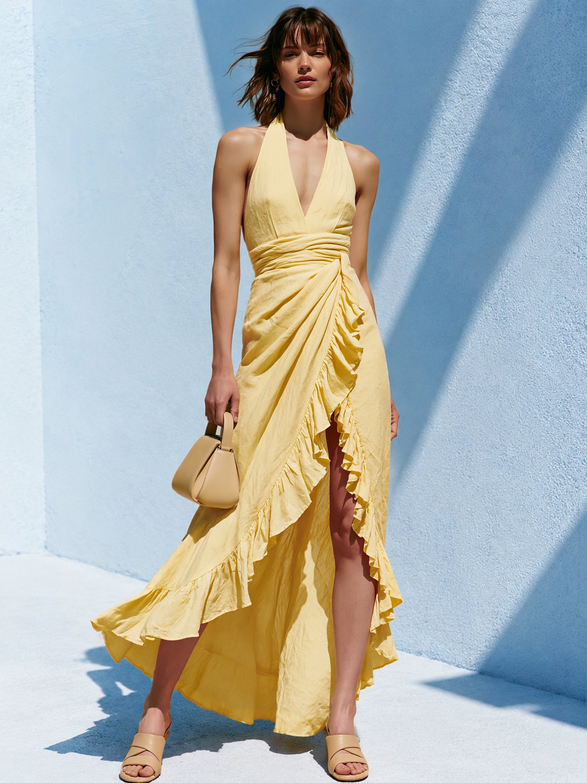 Liserie Linen Butter Yellow Halter Wrap Maxi Dress