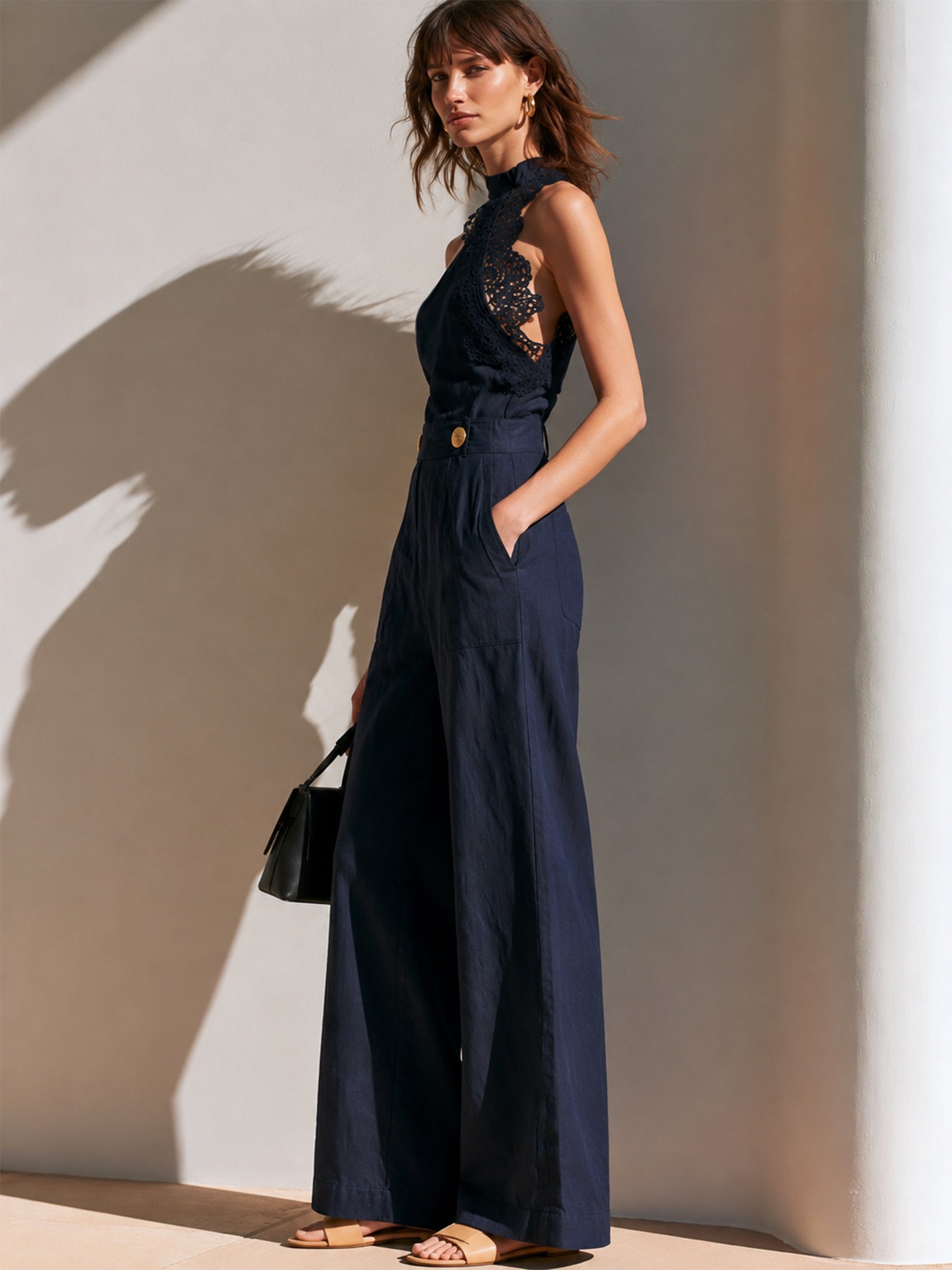 Liserie Linen Lace Halter Neck Wide Leg Jumpsuit