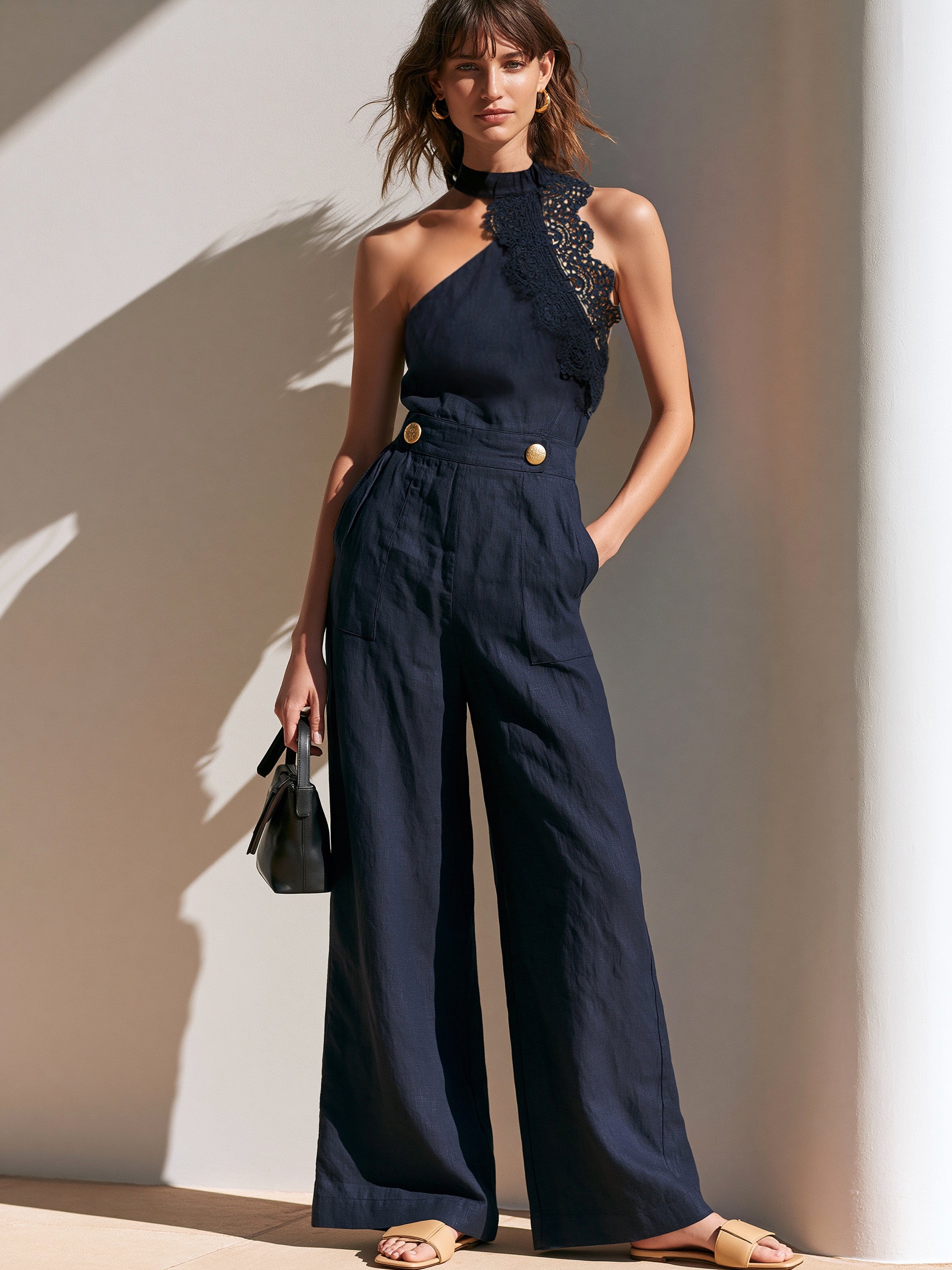 Liserie Linen Lace Halter Neck Wide Leg Jumpsuit