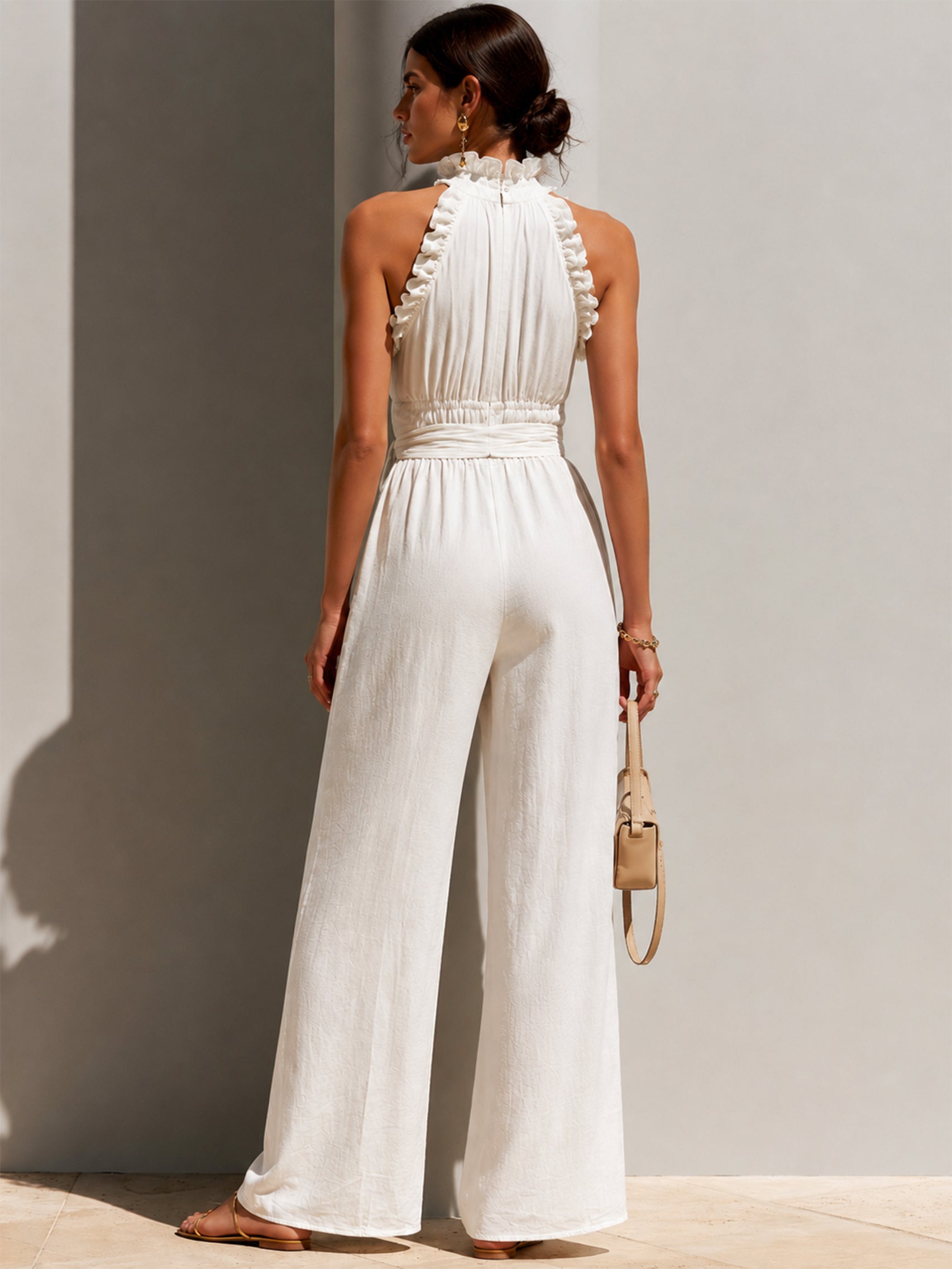 Liserie Cotton Linen Ruffled Halter Neck Jumpsuit