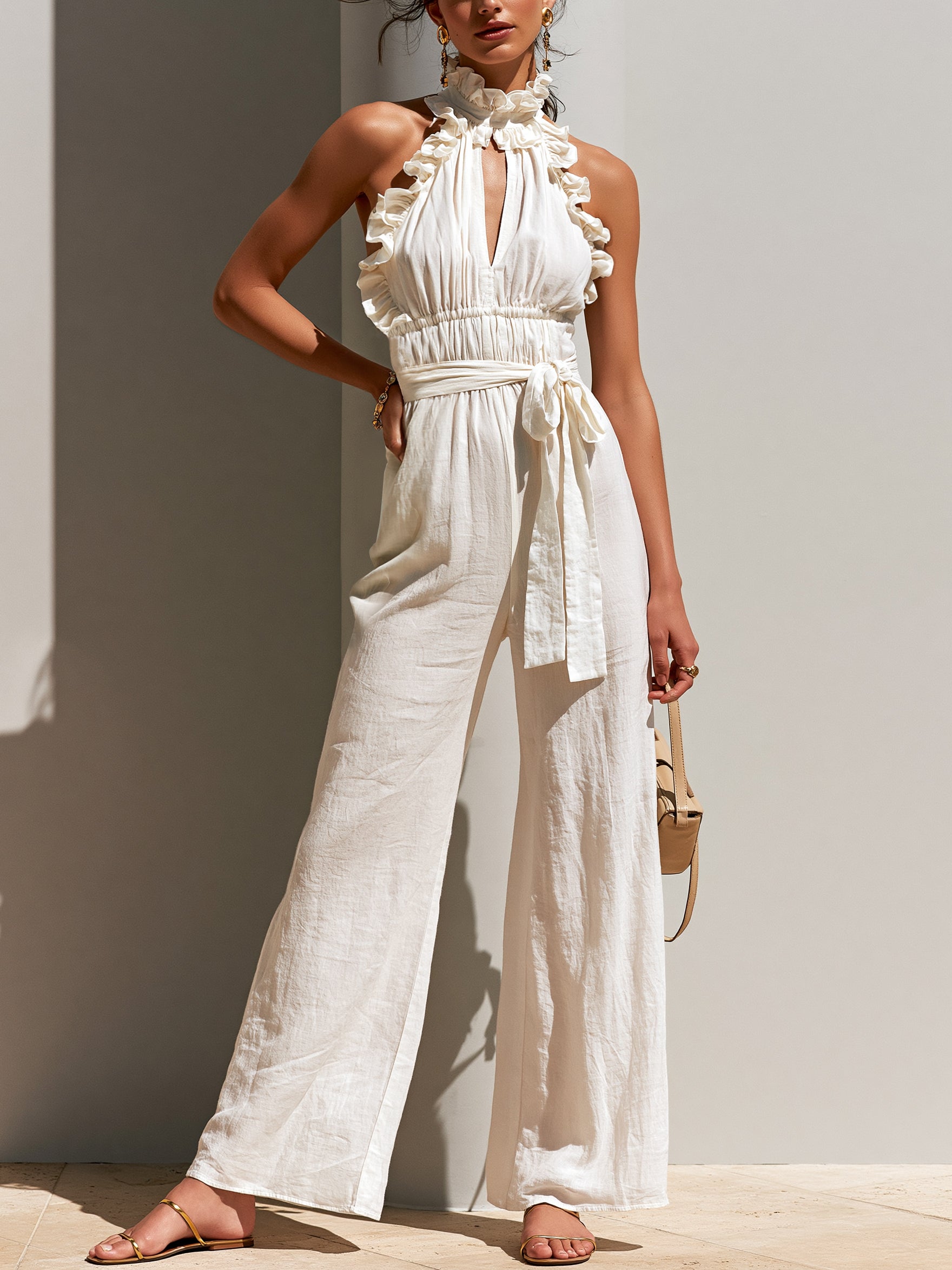 Liserie Cotton Linen Ruffled Halter Neck Jumpsuit