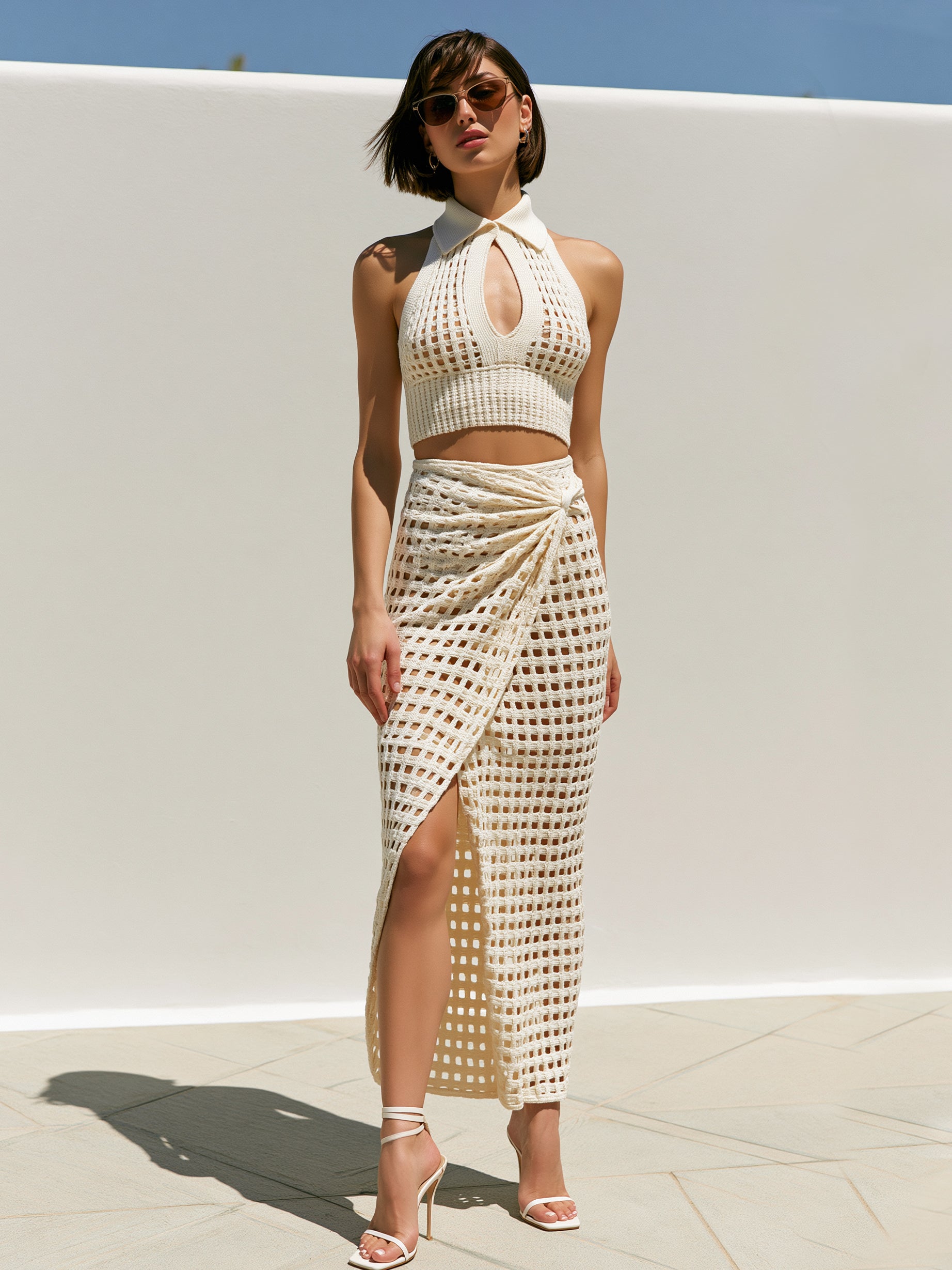 Liserie Openwork Crochet Halter Top &Split Midi Skirt Set