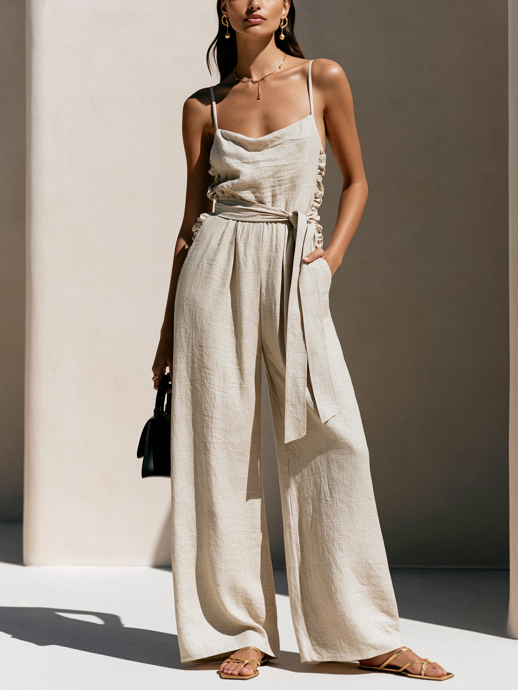 Liserie Tie-Waist Ruched Wide-Leg Jumpsuit With Linen-Like Texture