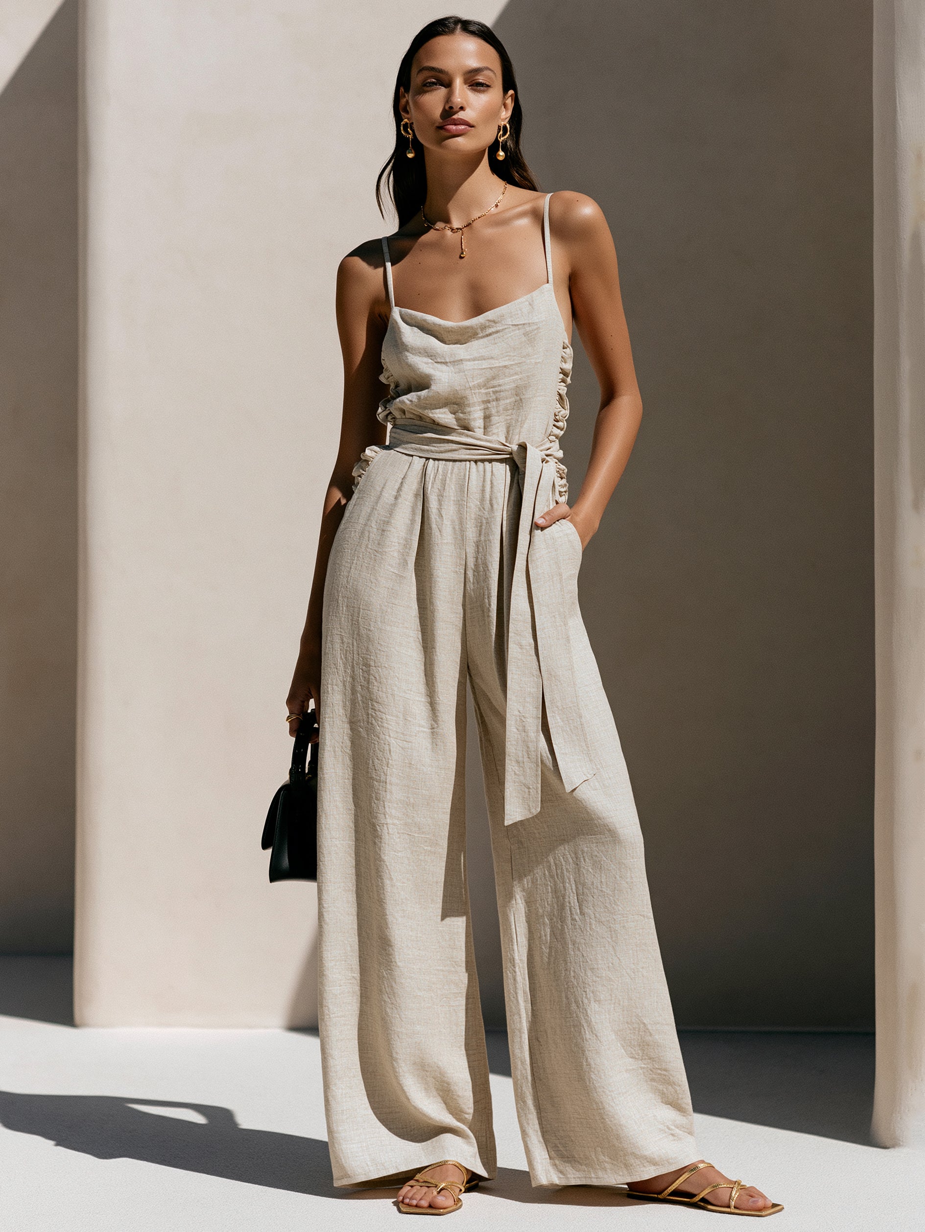 Liserie Tie-Waist Ruched Wide-Leg Jumpsuit With Linen-Like Texture
