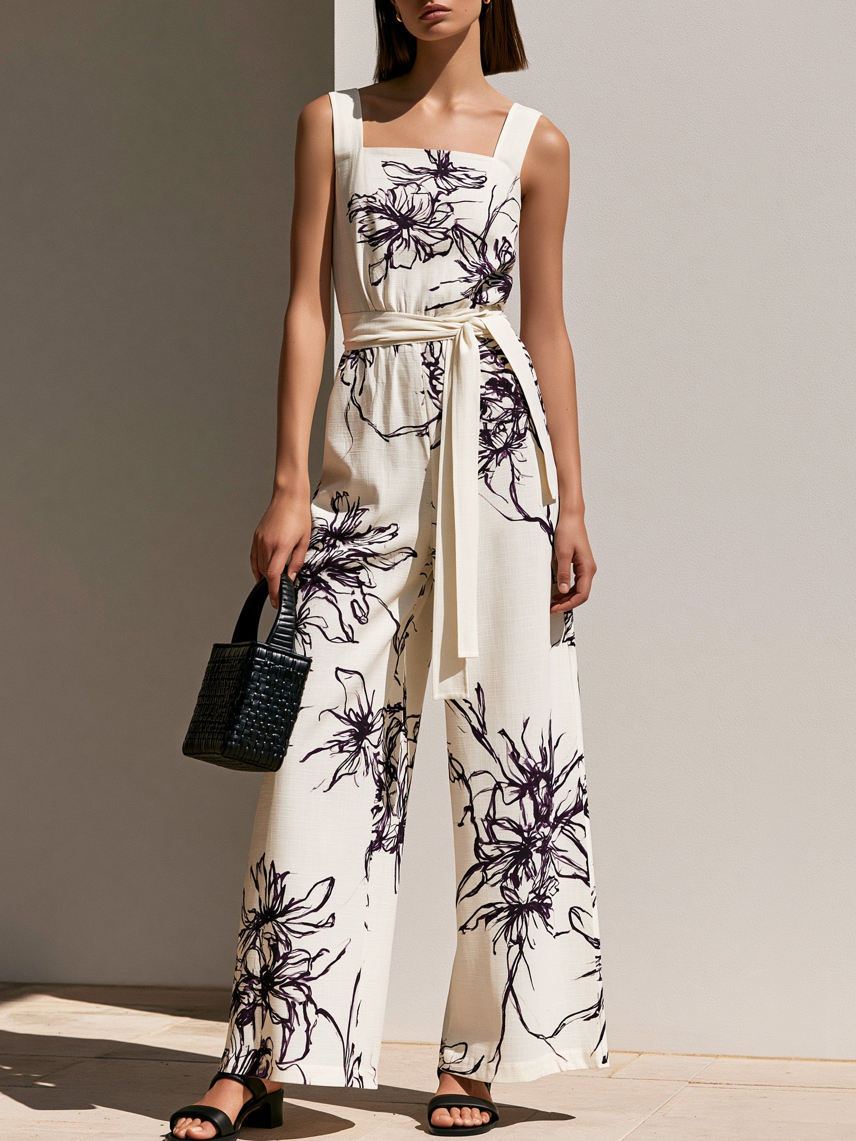 Liserie Floral Square Neck Sleeveless Jumpsuit