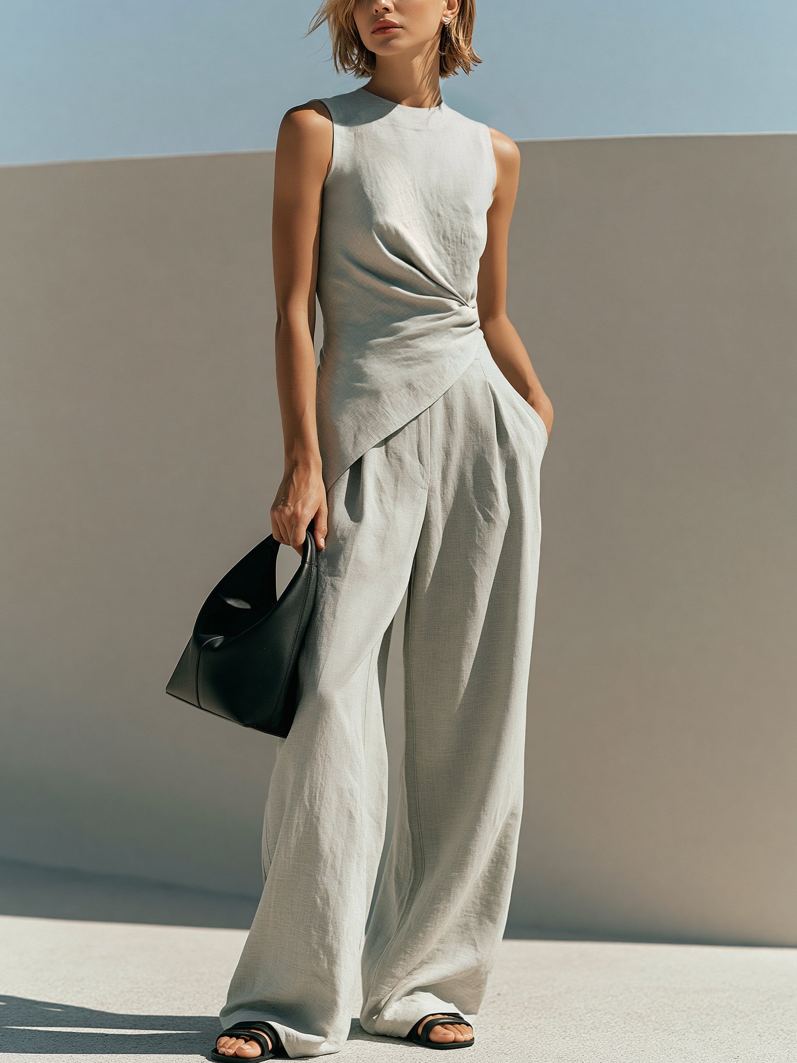 ✦ SHIP WITHIN 24HRS ✦ Linen Grey Asymmetric Top & Wide Leg Trouser Set