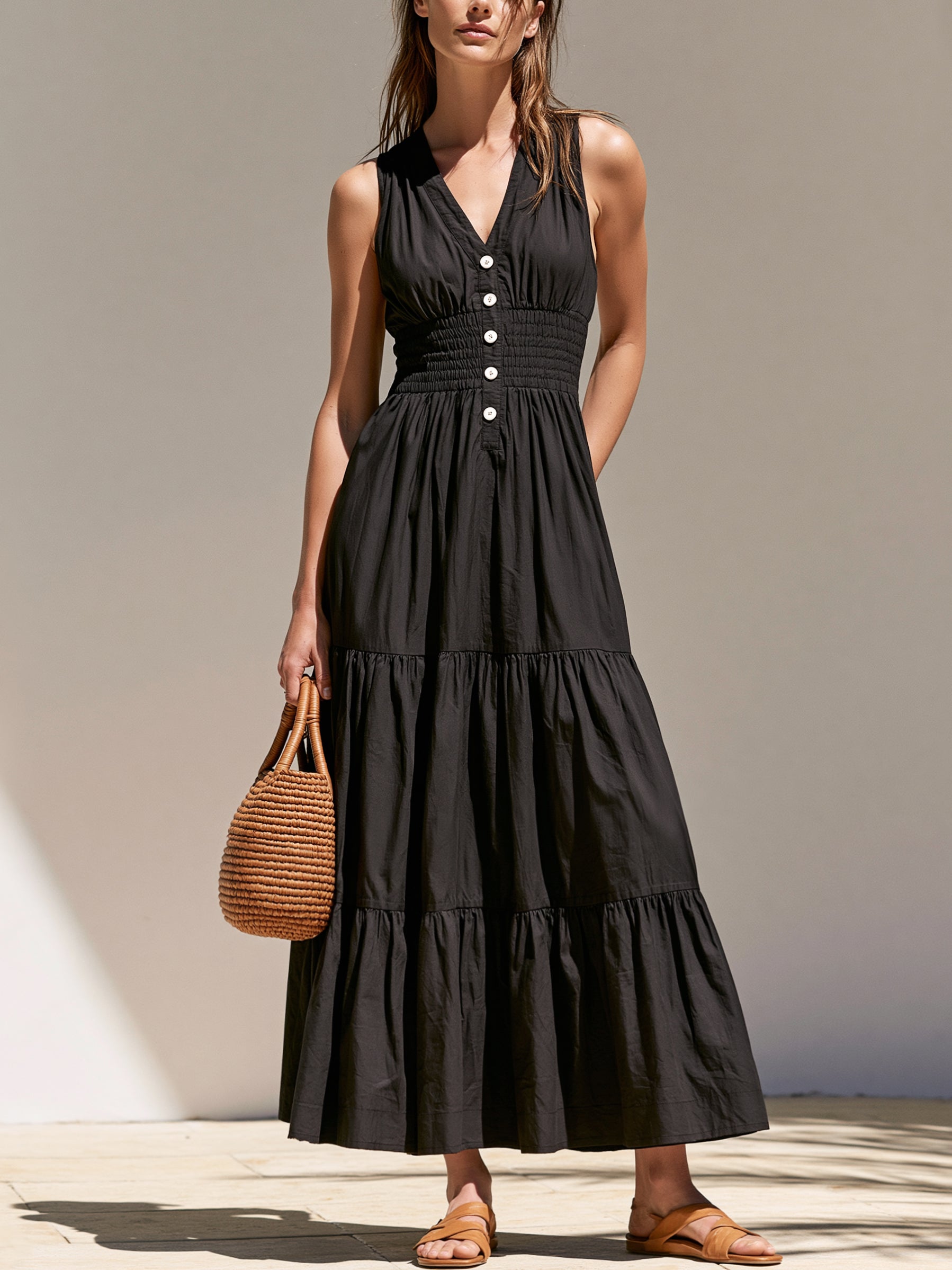 Liserie Black Cotton Sleeveless Maxi Dress
