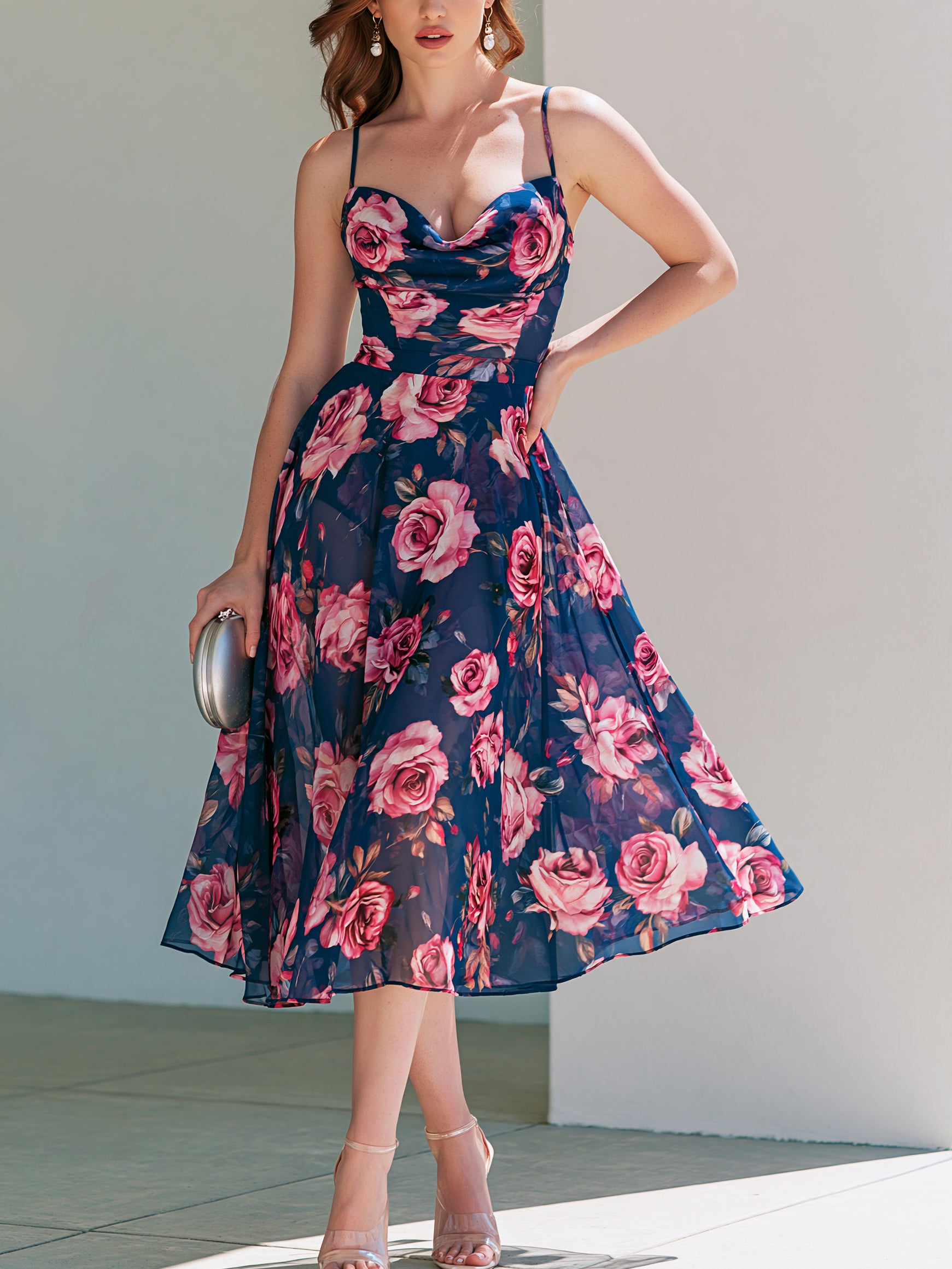 Liserie Chiffon Rose Print Cowl Neck Midi Dress