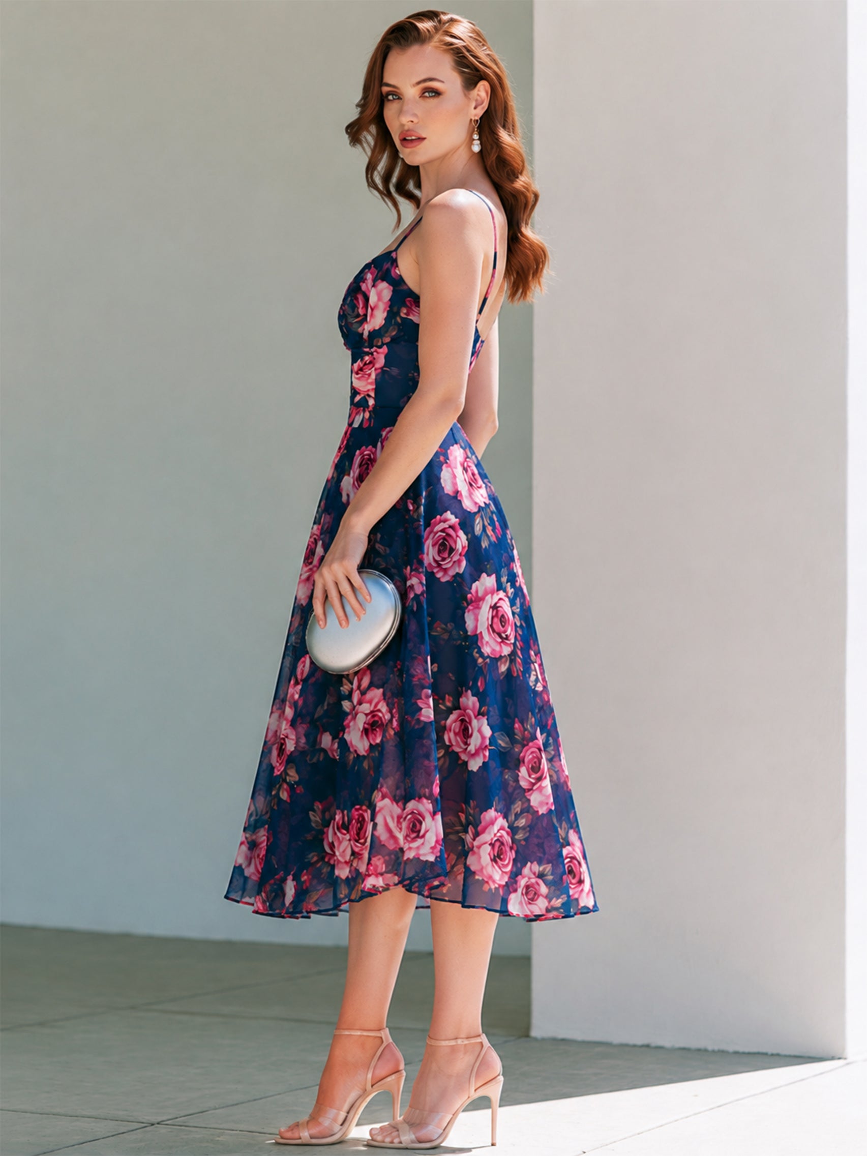 Liserie Chiffon Rose Print Cowl Neck Midi Dress