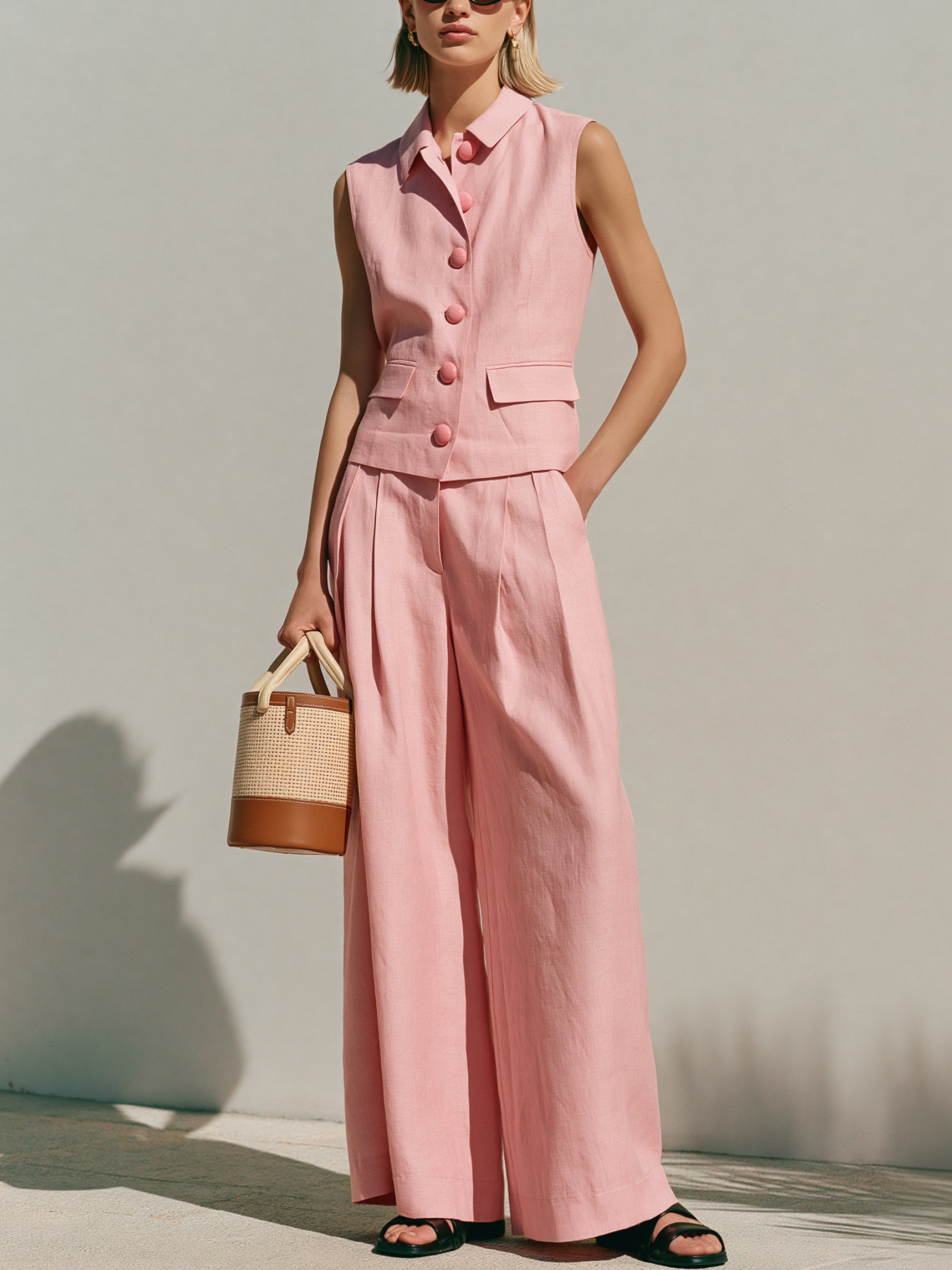 Liserie Cotton Tailored Vest & Wide Leg Trouser Set