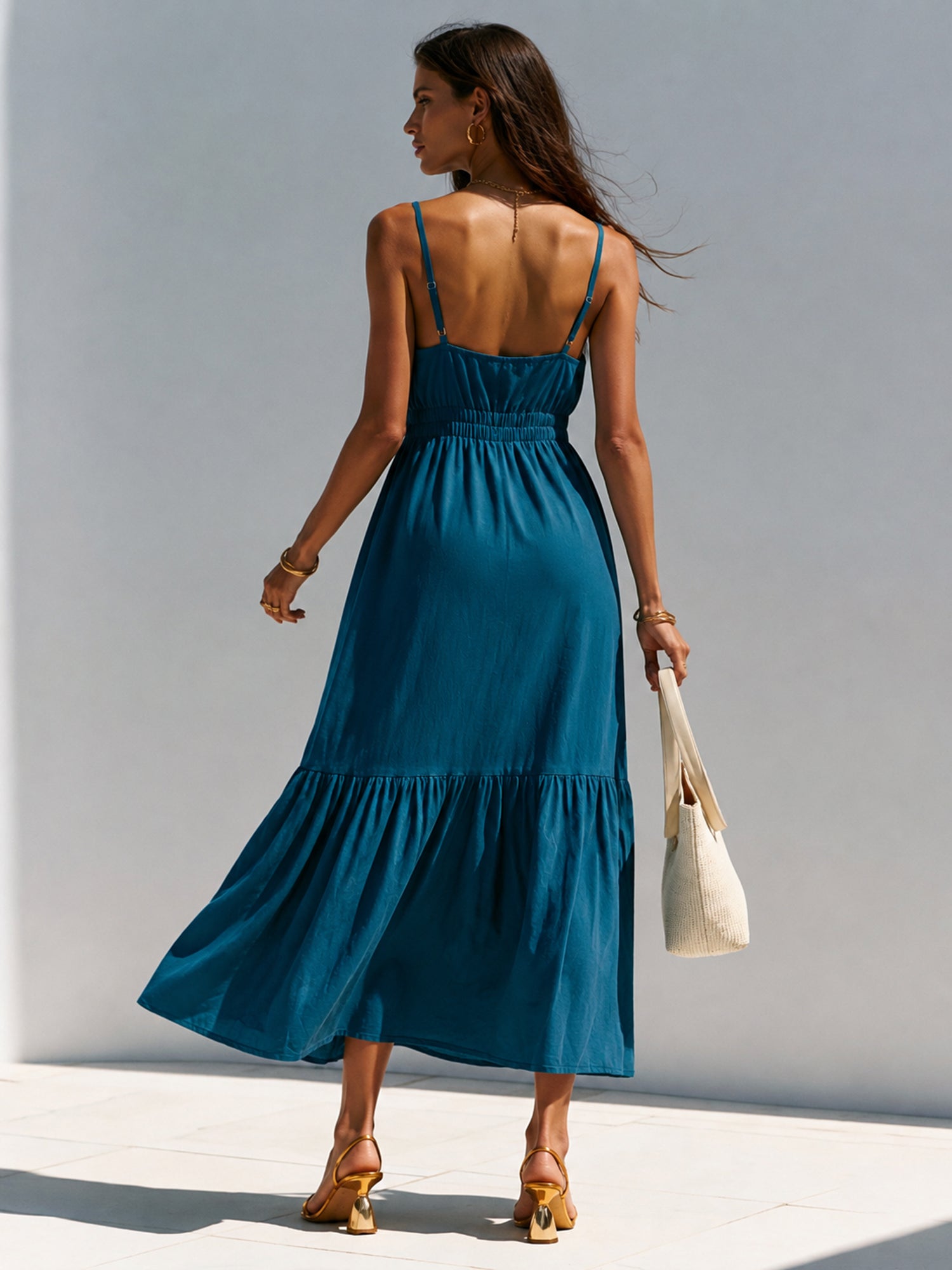 Coastal Blue Cotton-Linen Summer Cami Dress