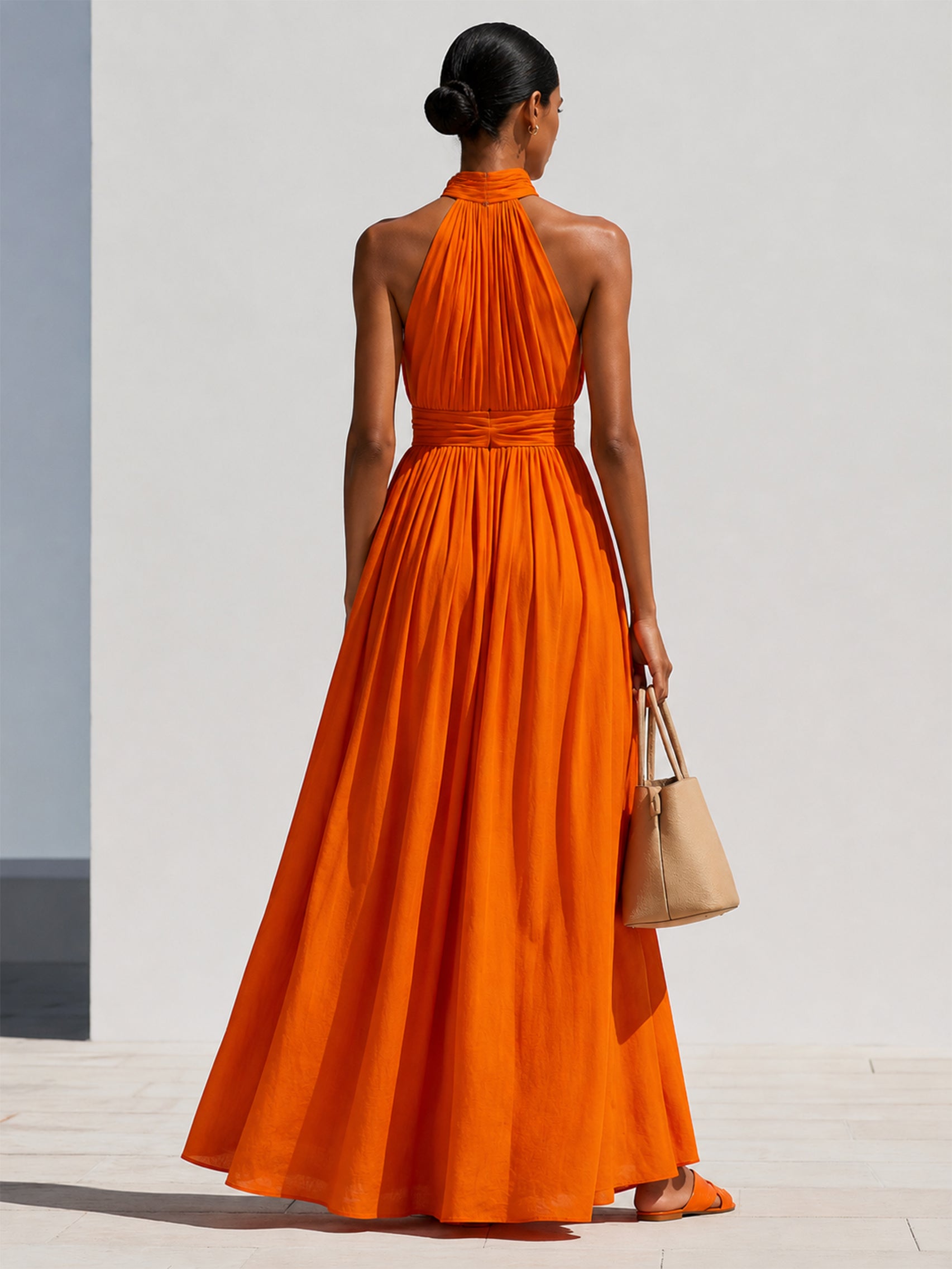 Vermillion Orange Linen Sleeveless Halter Neck Maxi Dress