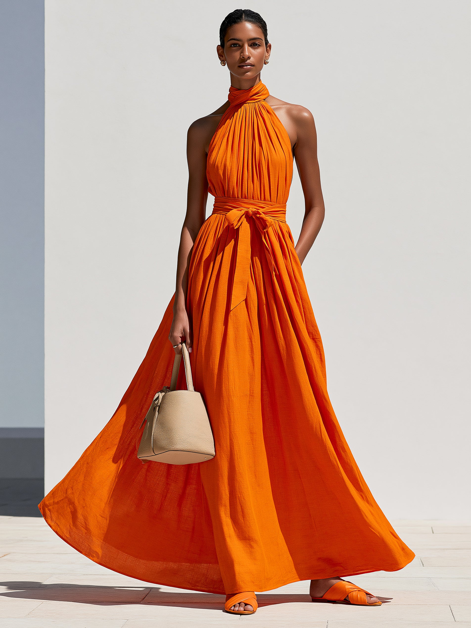 Vermillion Orange Linen Sleeveless Halter Neck Maxi Dress