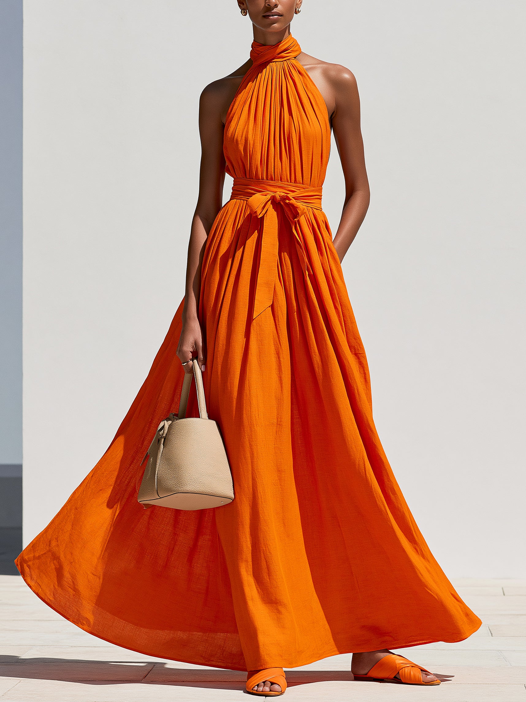 Vermillion Orange Linen Sleeveless Halter Neck Maxi Dress