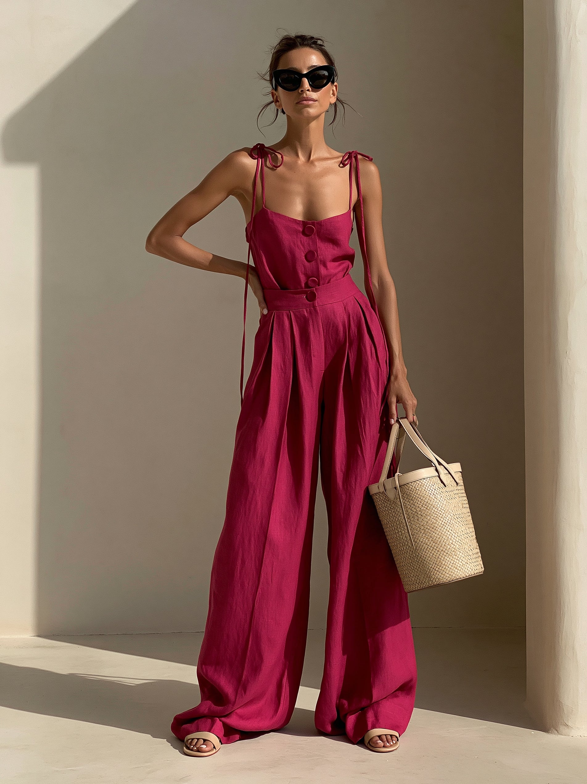 Vibrant Rose-Pink Cotton-Linen Camisole & Wide-Leg Pants Set (with Tie-Detail)