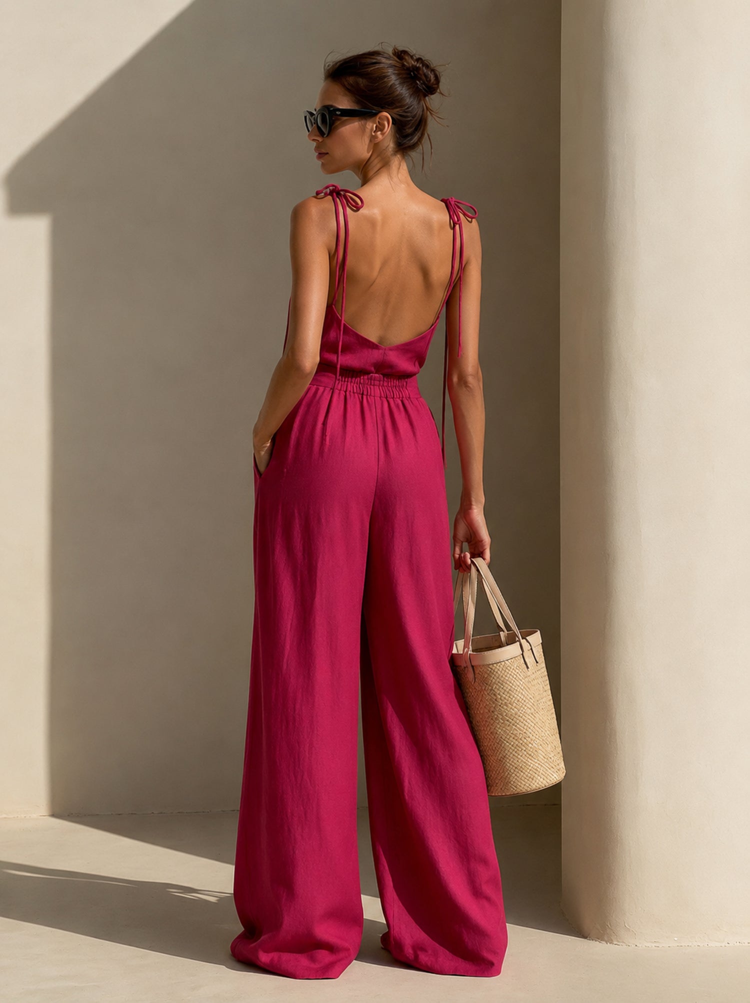 Vibrant Rose-Pink Cotton-Linen Camisole & Wide-Leg Pants Set (with Tie-Detail)
