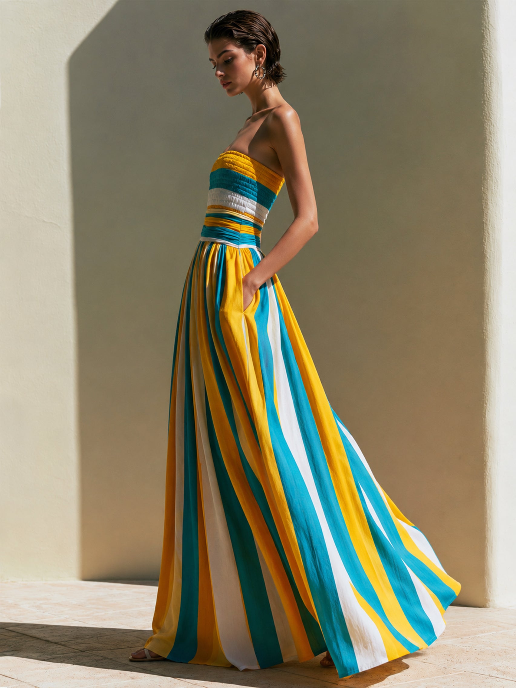 Blue & Yellow Stripe Smocked Strapless Maxi Dress With Cinched Waist