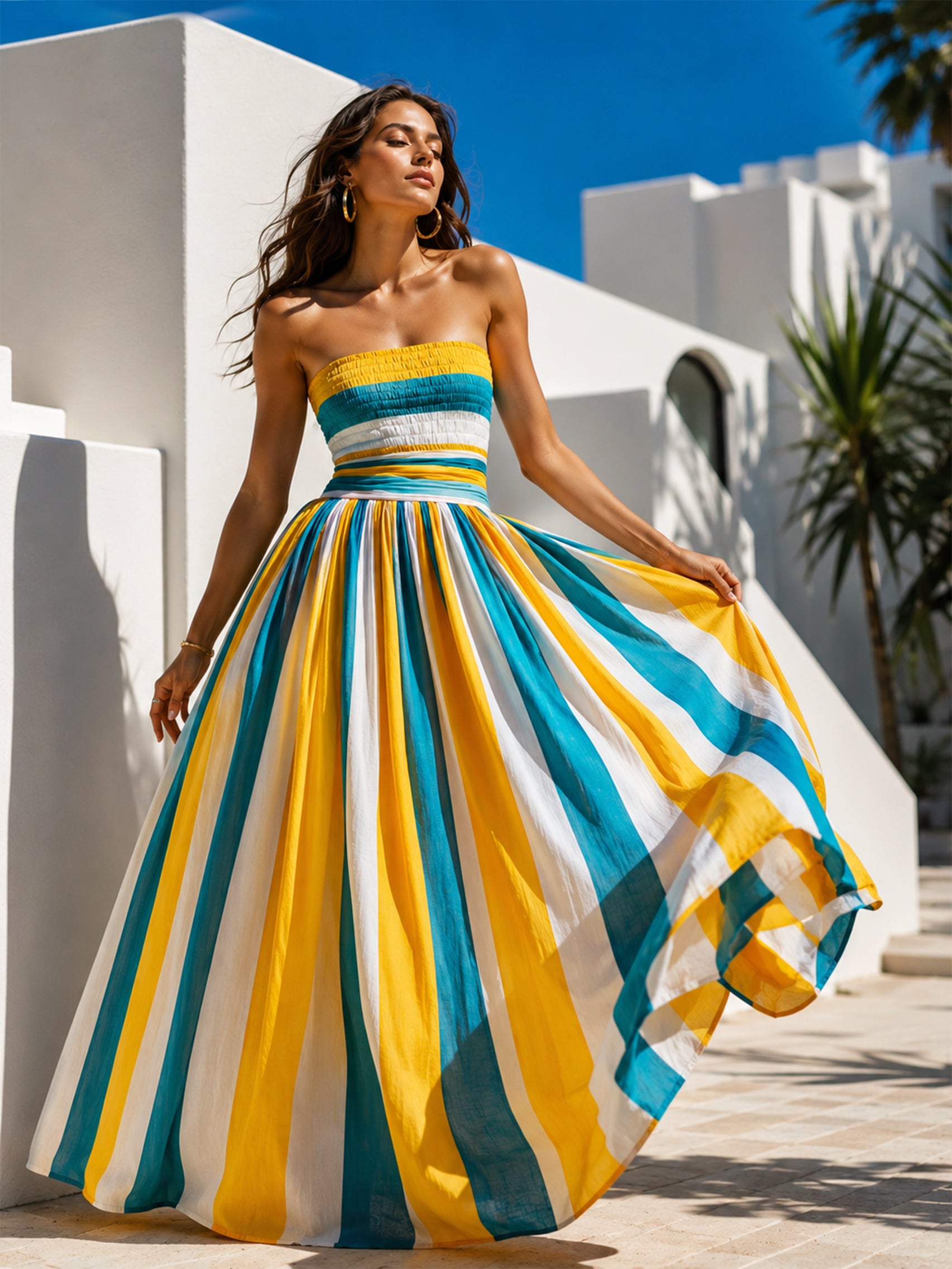 Blue & Yellow Stripe Smocked Strapless Maxi Dress With Cinched Waist