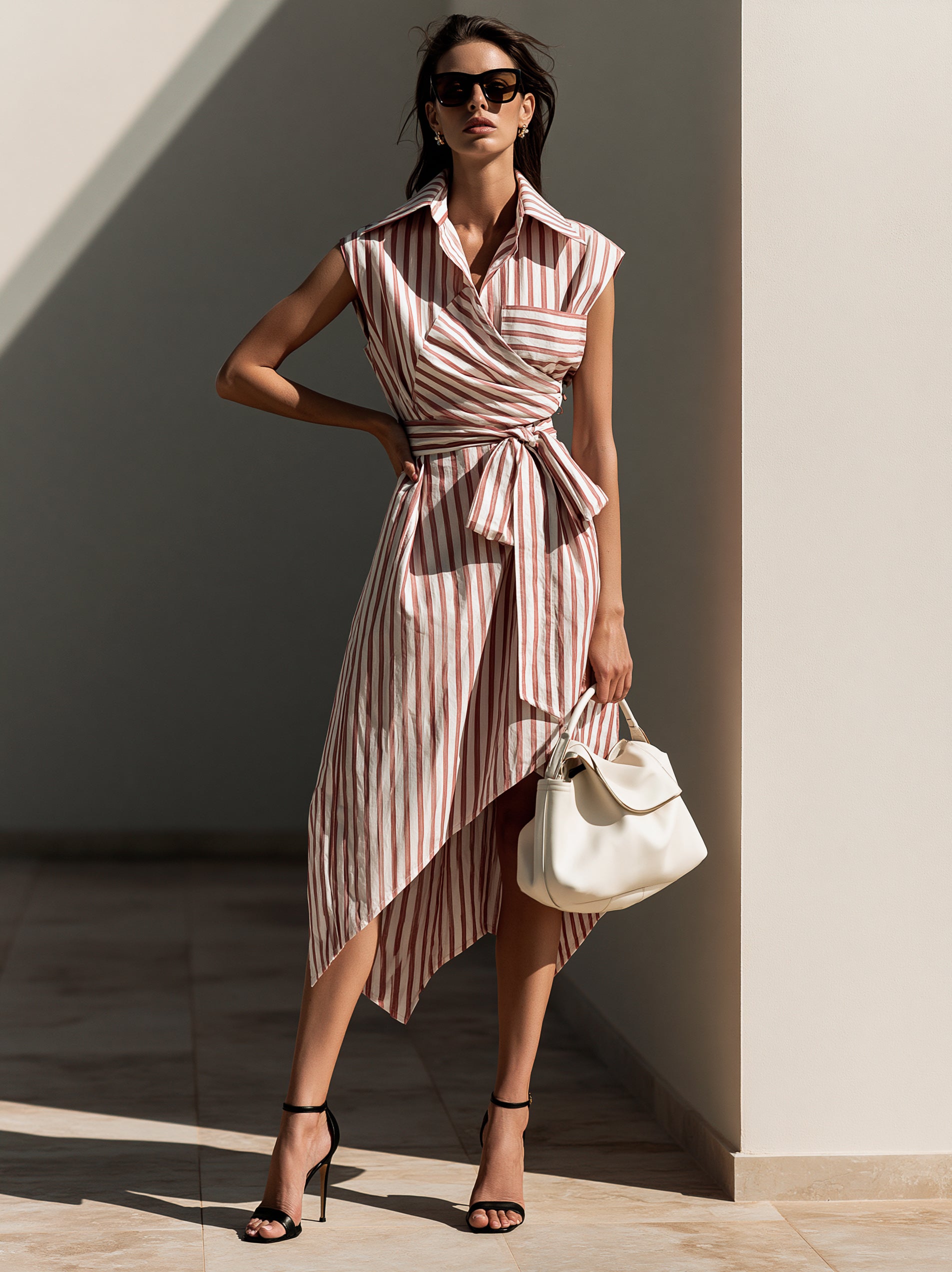 Elegant Striped Midi Dress With Shirt Collar And Asymmetrical Hem