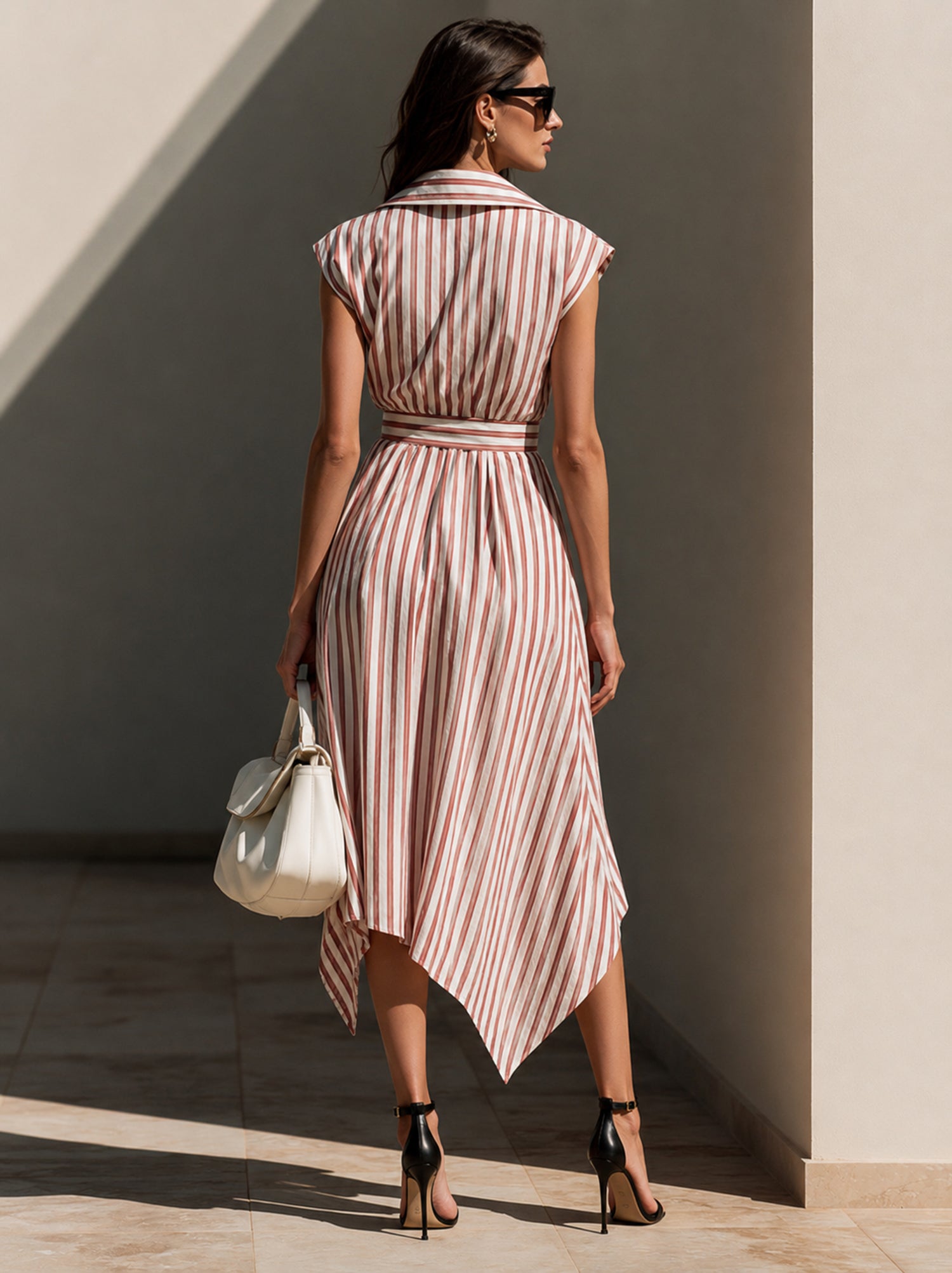 Elegant Striped Midi Dress With Shirt Collar And Asymmetrical Hem