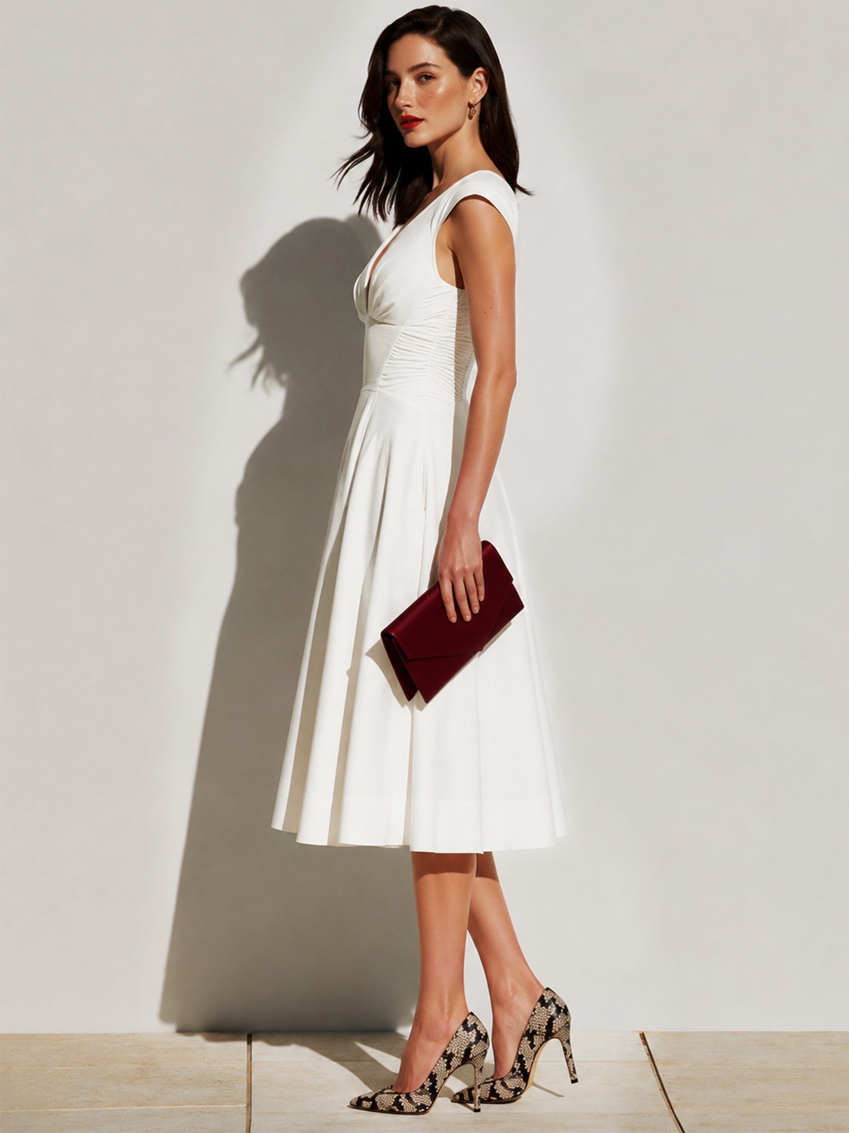Timeless White Cap Sleeve V-Neck Flare Midi Dress