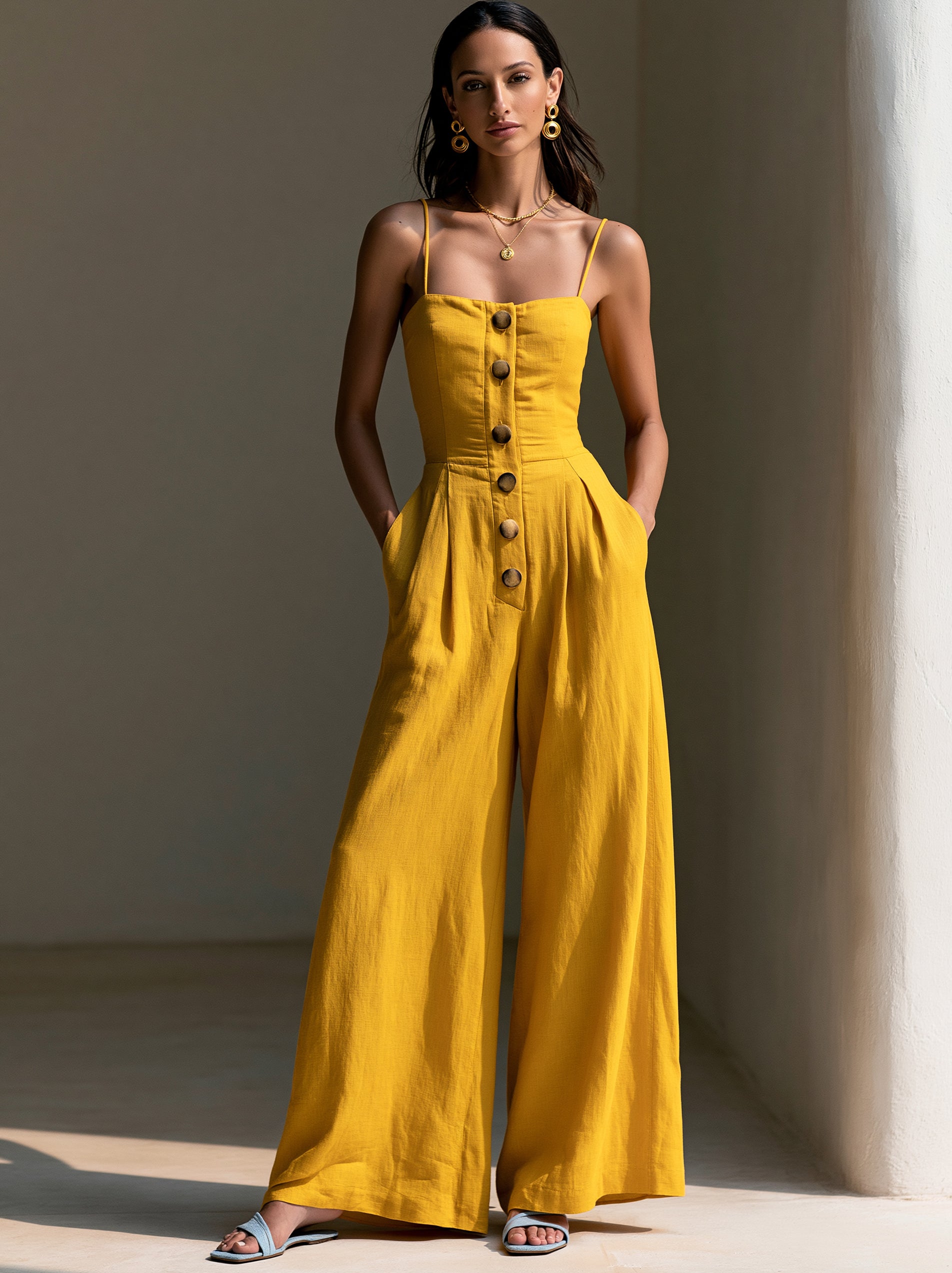 Elegant yellow summer jumpsuit with delicate straps